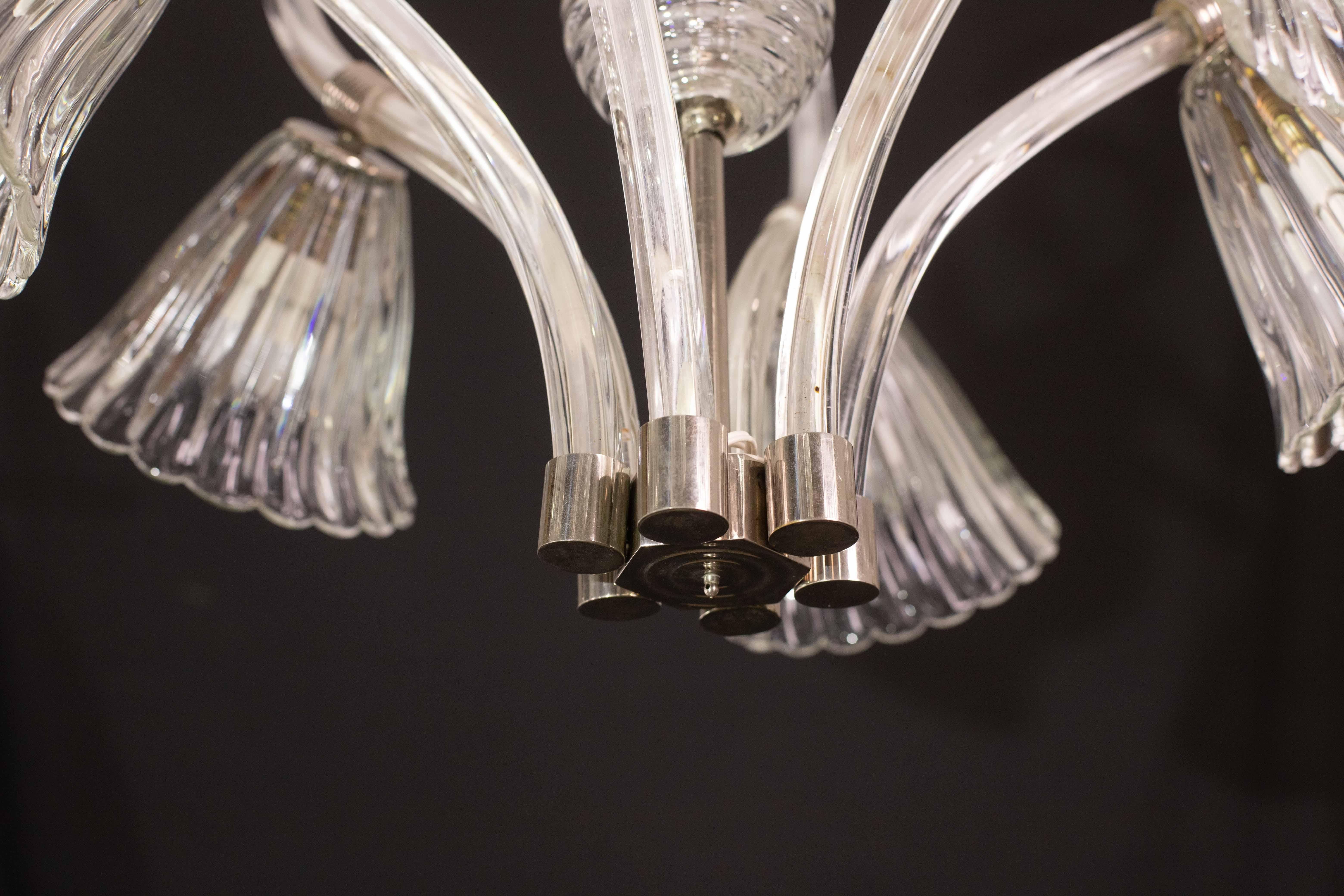 Amazing 6 Light Art Deco Murano Glass and Brass Chrome Chandelier by Barovier For Sale 11