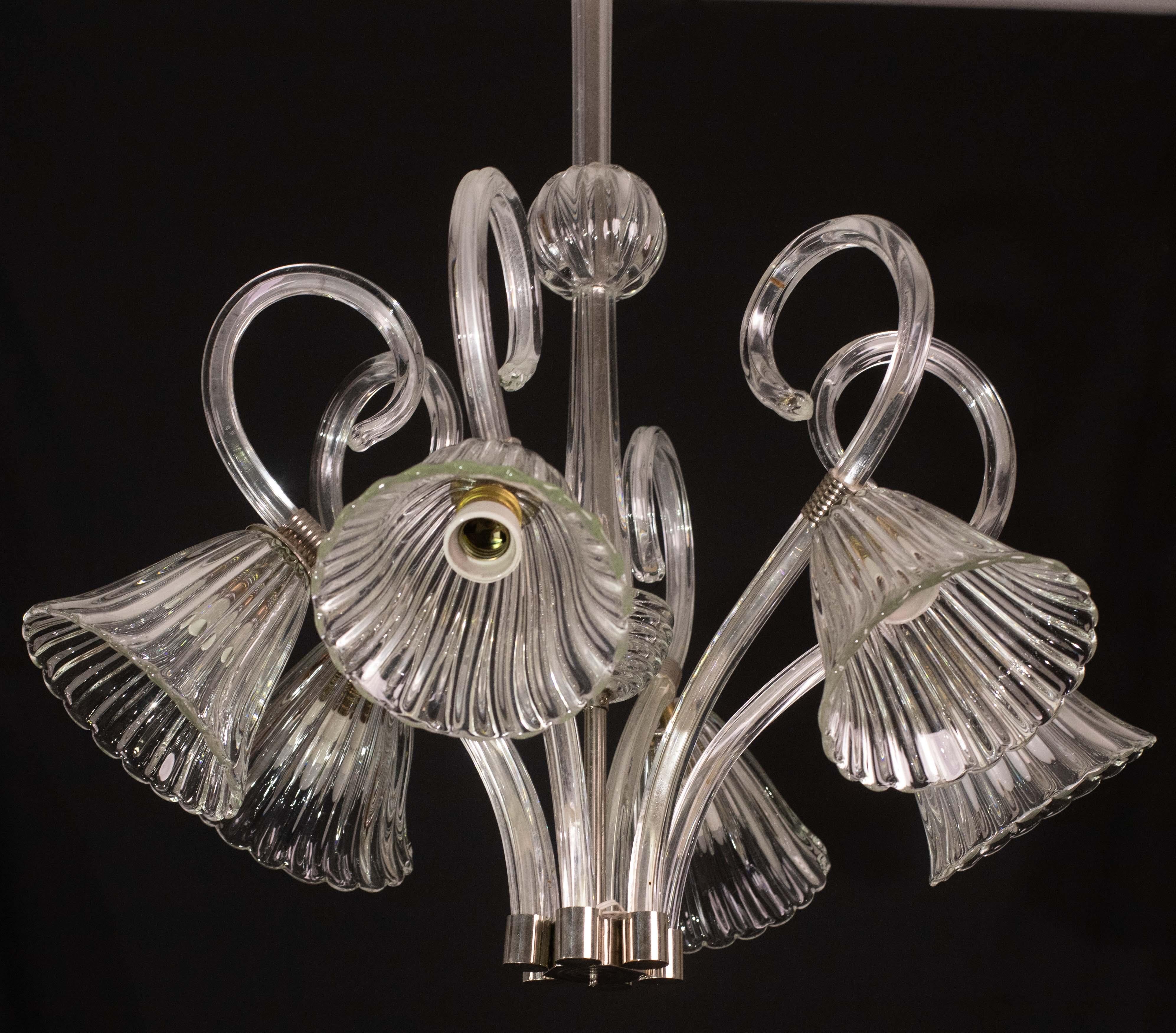 Amazing 6 Light Art Deco Murano Glass and Brass Chrome Chandelier by Barovier For Sale 12