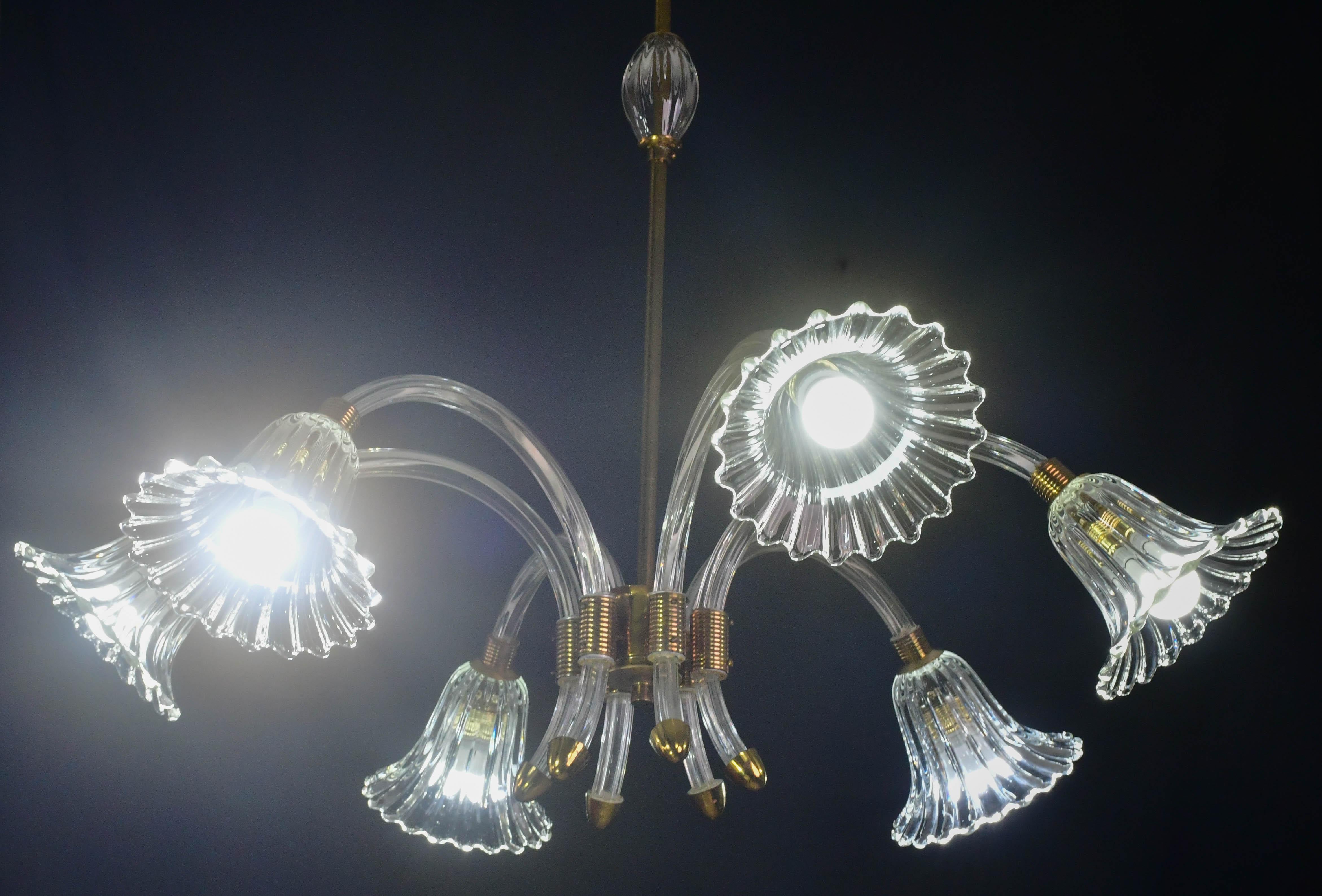 Incredibile lampadario a 6 luci Art Deco in vetro di Murano e ottone cromato di Barovier in vendita 10