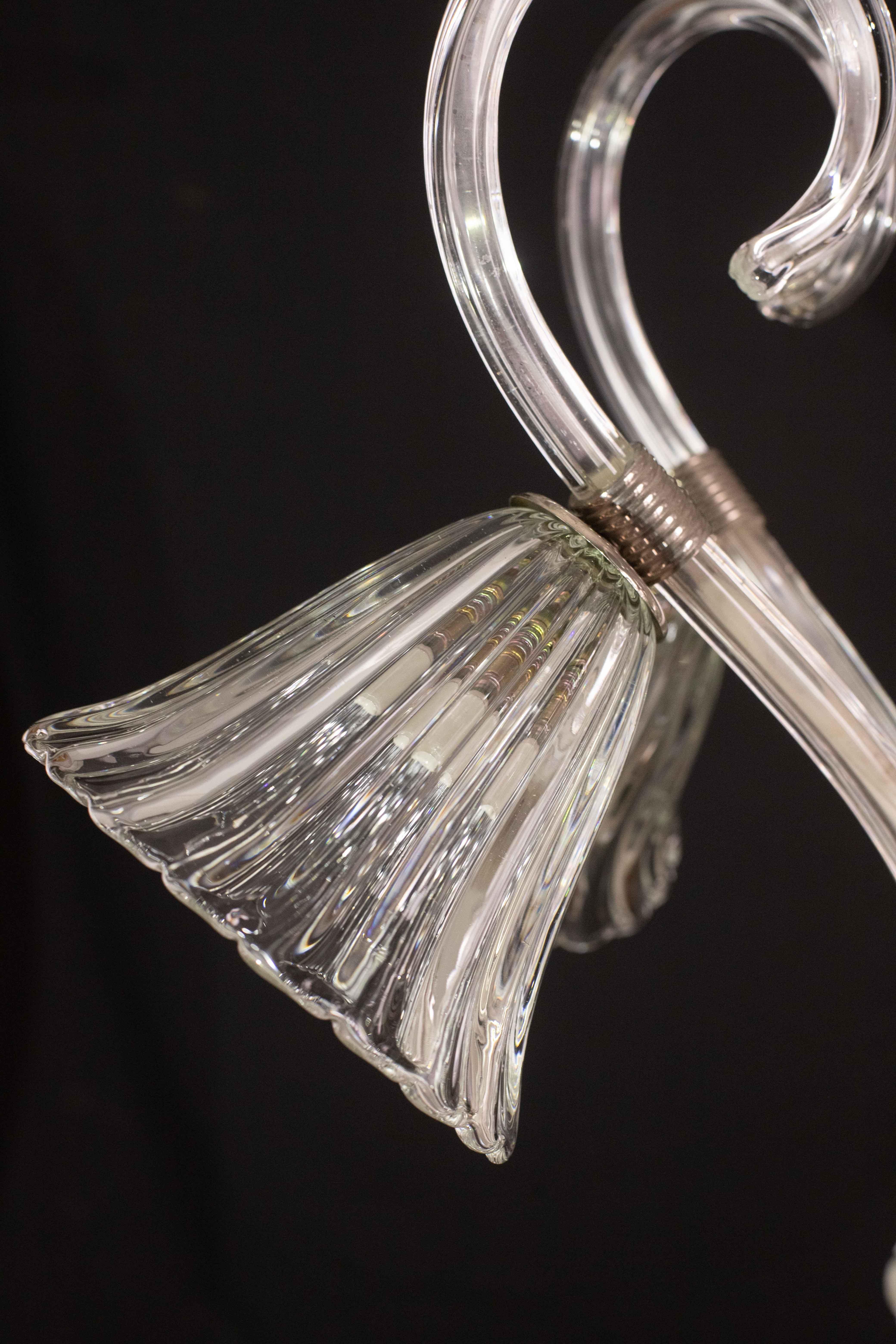 Amazing 6 Light Art Deco Murano Glass and Brass Chrome Chandelier by Barovier For Sale 14