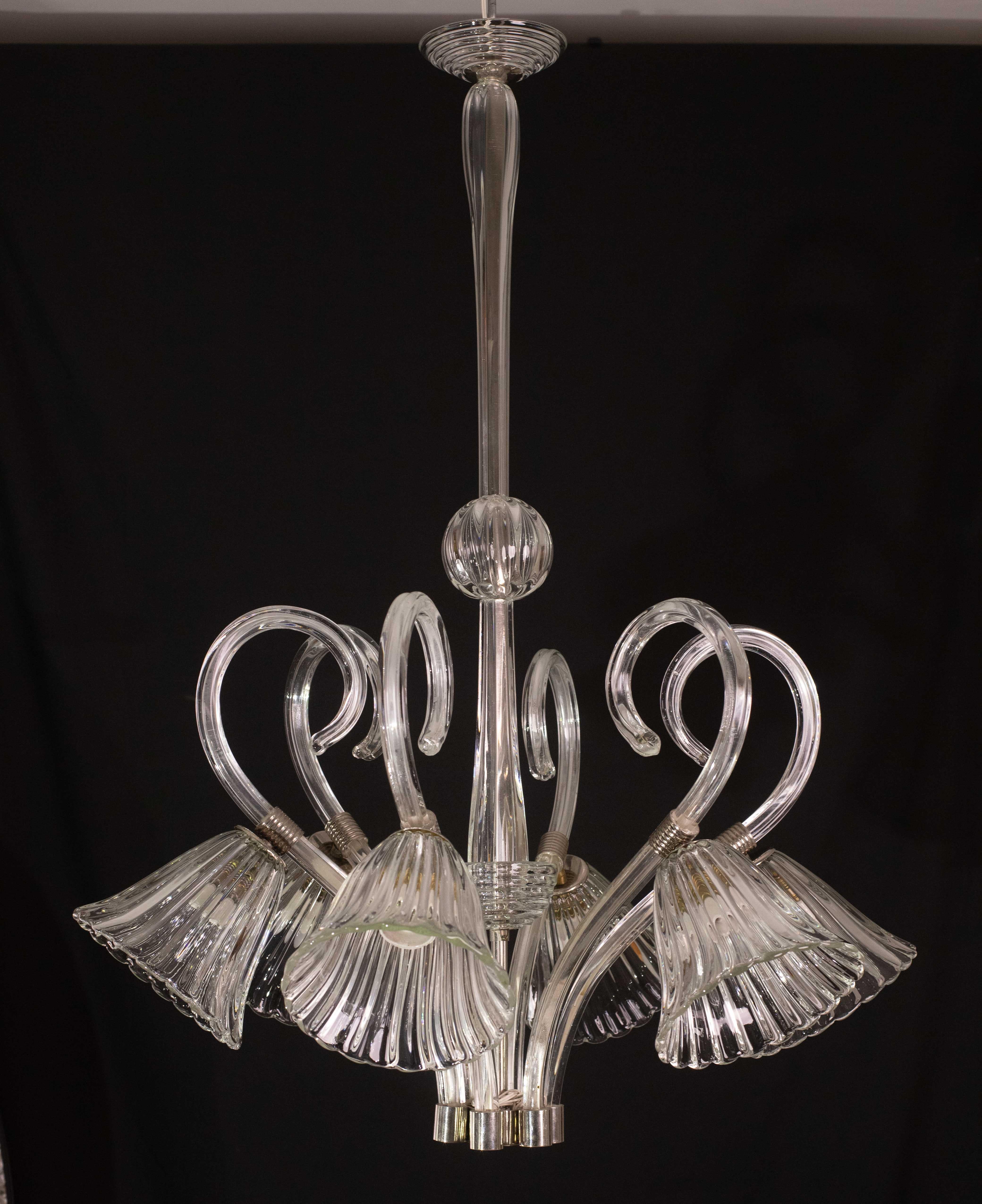 Amazing 6 Light Art Deco Murano Glass and Brass Chrome Chandelier by Barovier In Good Condition For Sale In Roma, IT