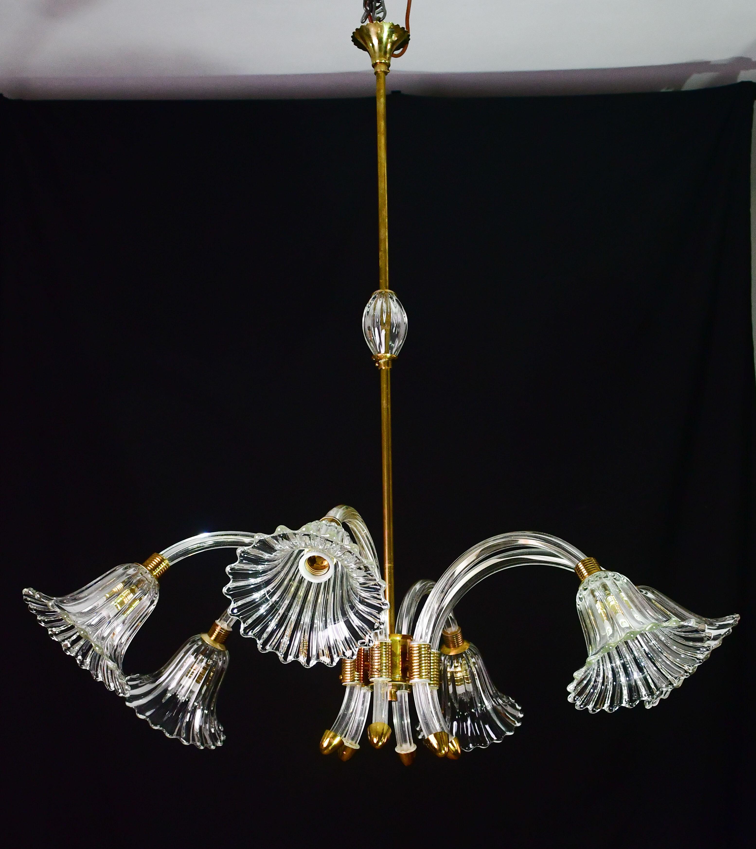 Art Déco Incredibile lampadario a 6 luci Art Deco in vetro di Murano e ottone cromato di Barovier in vendita