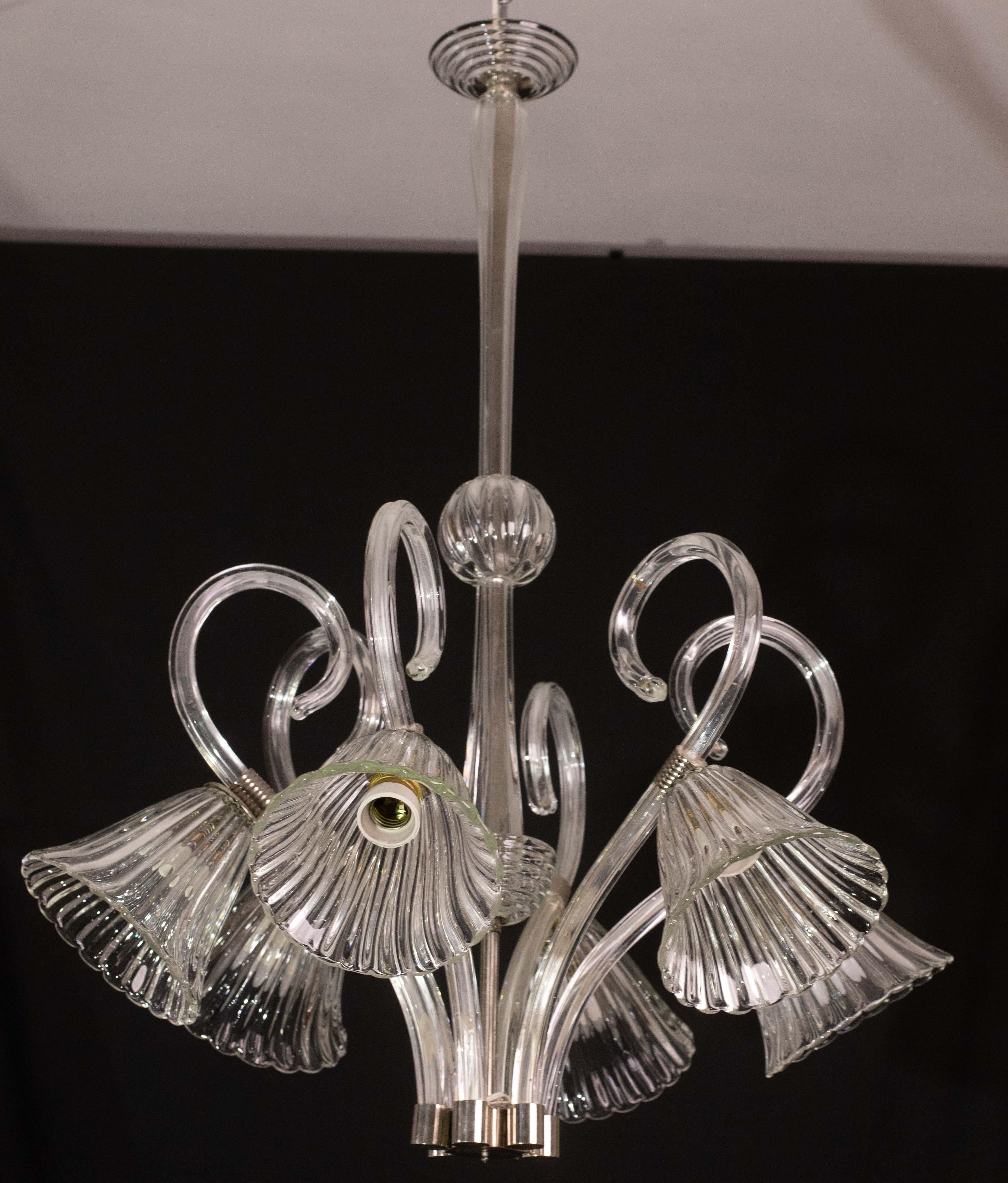 Mid-20th Century Amazing 6 Light Art Deco Murano Glass and Brass Chrome Chandelier by Barovier For Sale