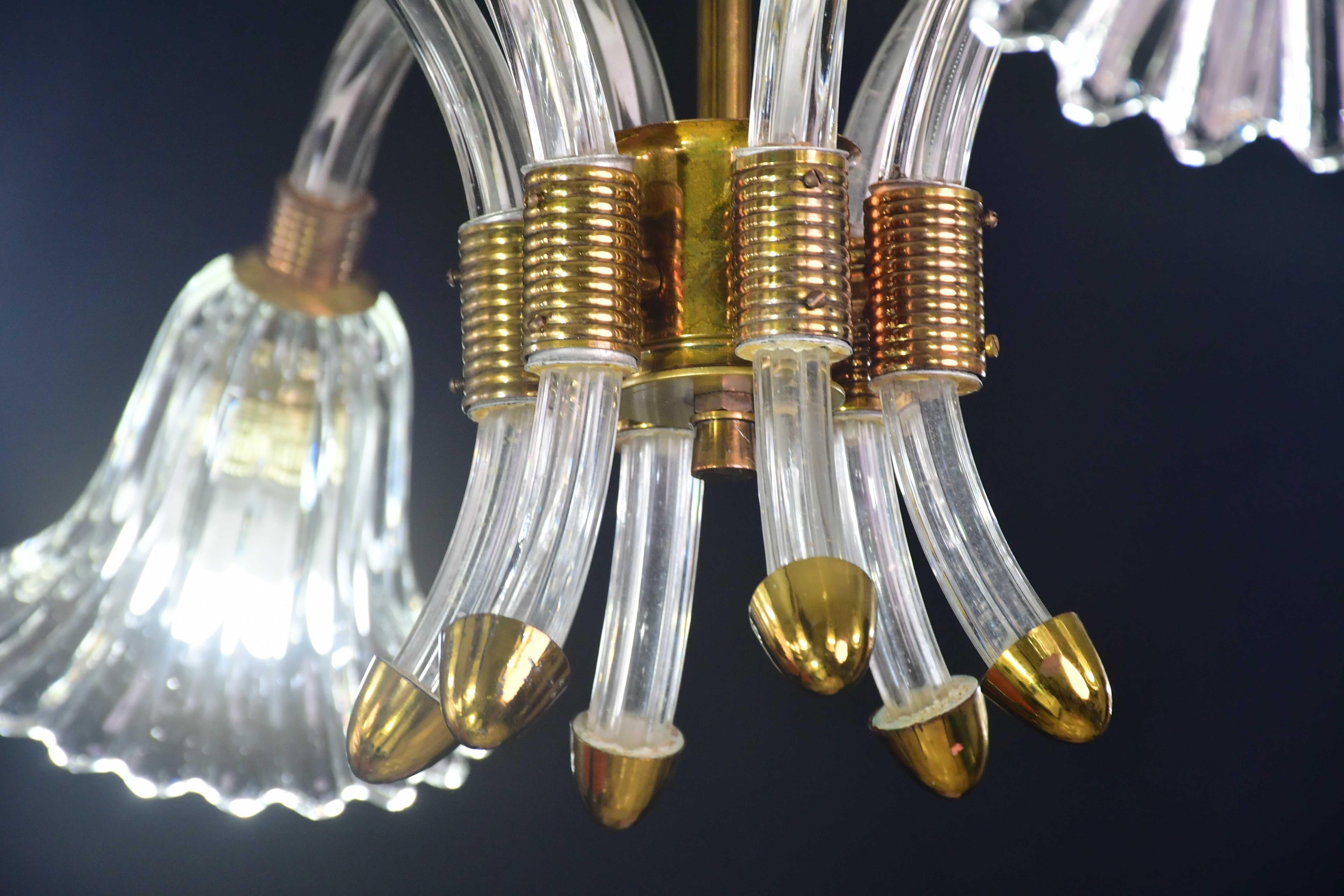 Incredibile lampadario a 6 luci Art Deco in vetro di Murano e ottone cromato di Barovier In condizioni buone in vendita a Roma, IT