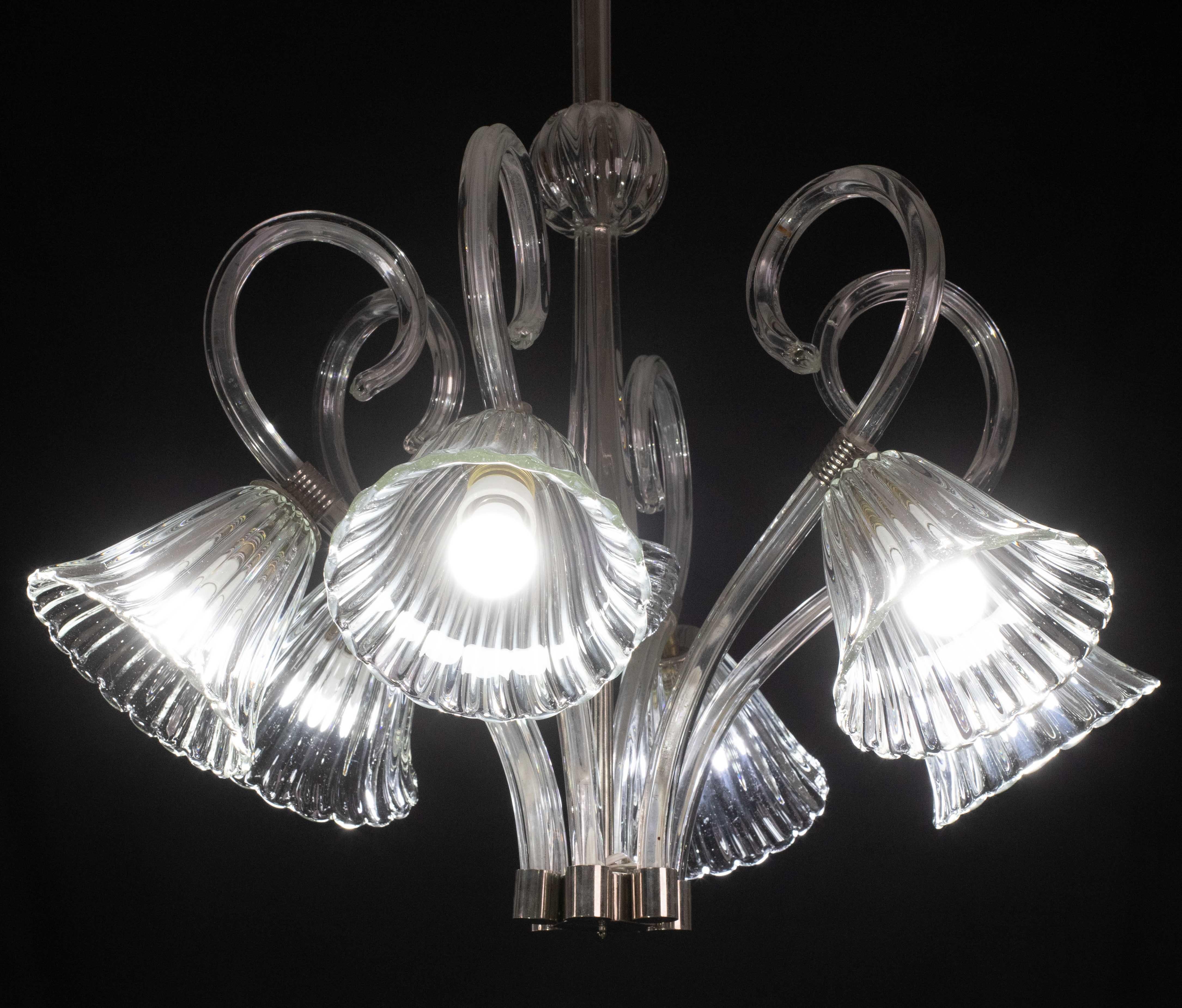 Amazing 6 Light Art Deco Murano Glass and Brass Chrome Chandelier by Barovier For Sale 1