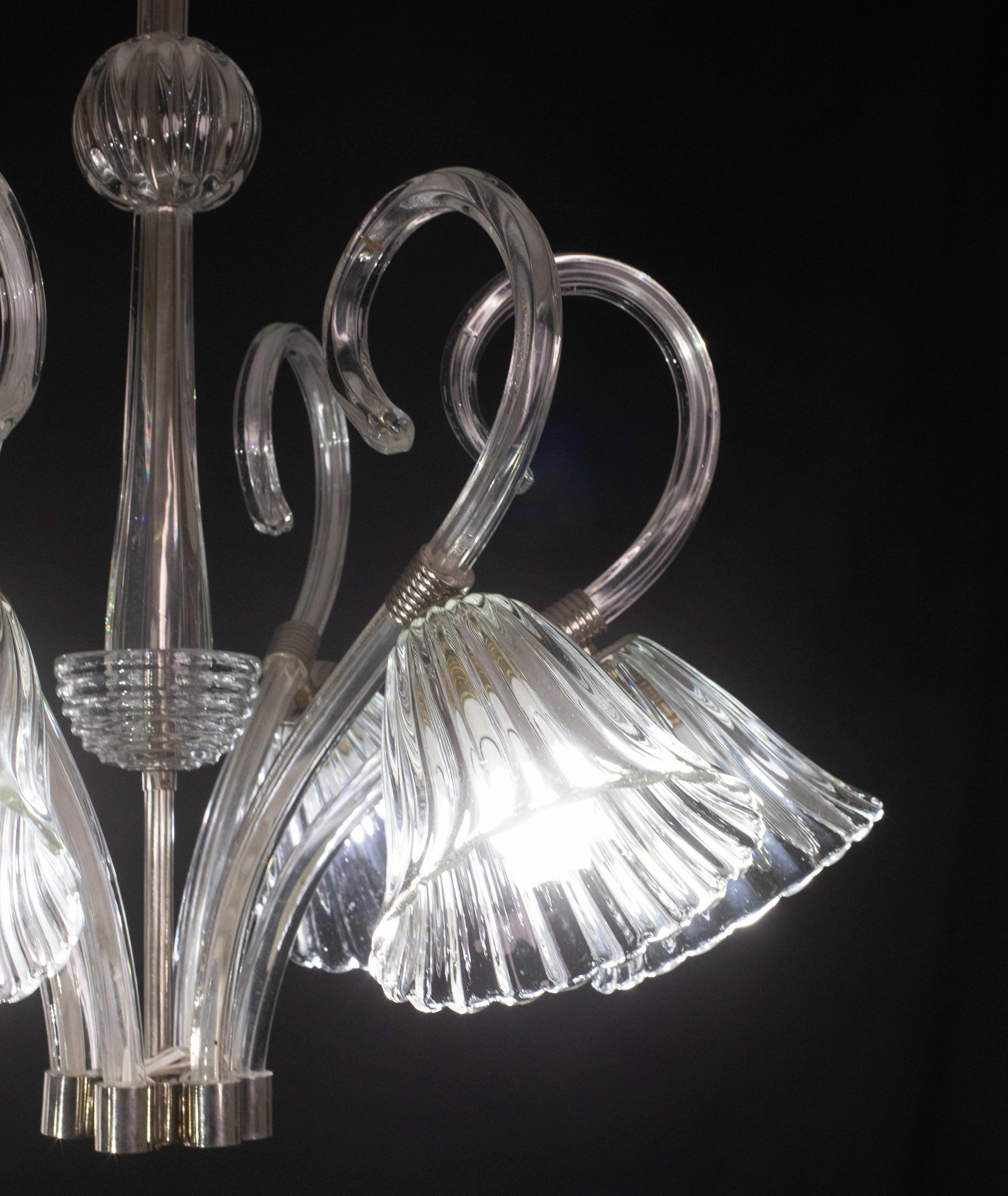 Amazing 6 Light Art Deco Murano Glass and Brass Chrome Chandelier by Barovier For Sale 3