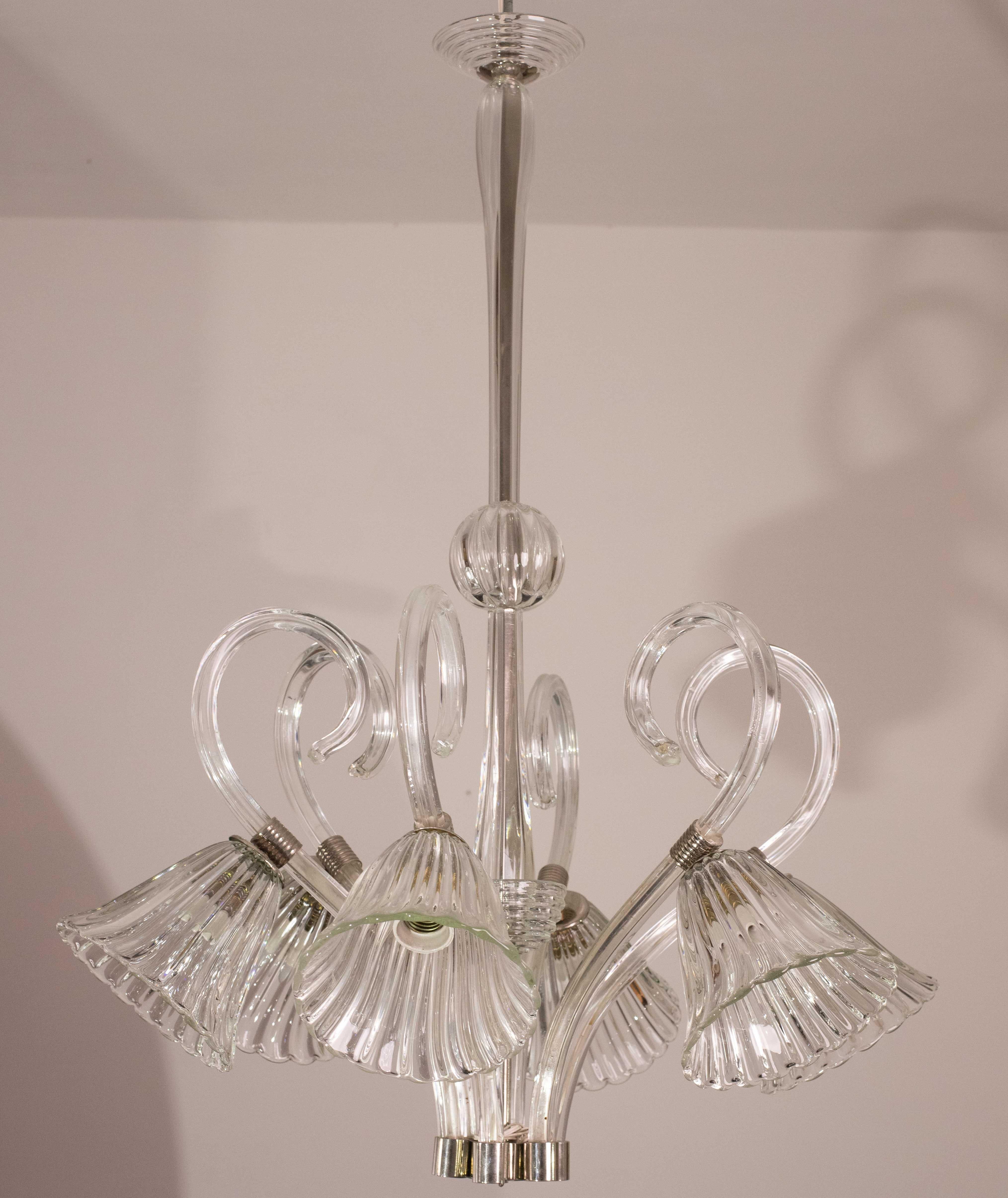 Amazing 6 Light Art Deco Murano Glass and Brass Chrome Chandelier by Barovier For Sale 4