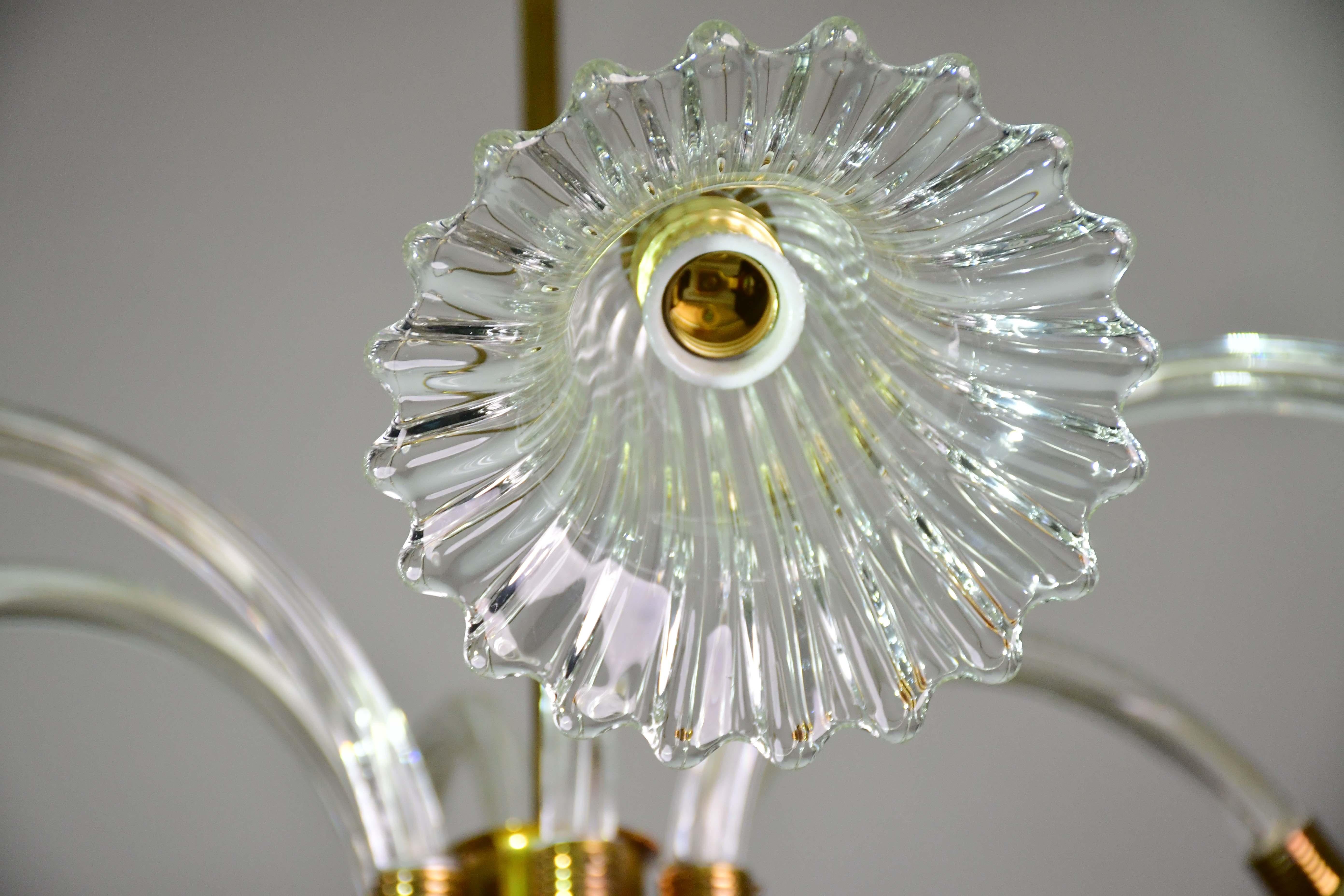 Incredibile lampadario a 6 luci Art Deco in vetro di Murano e ottone cromato di Barovier in vendita 2