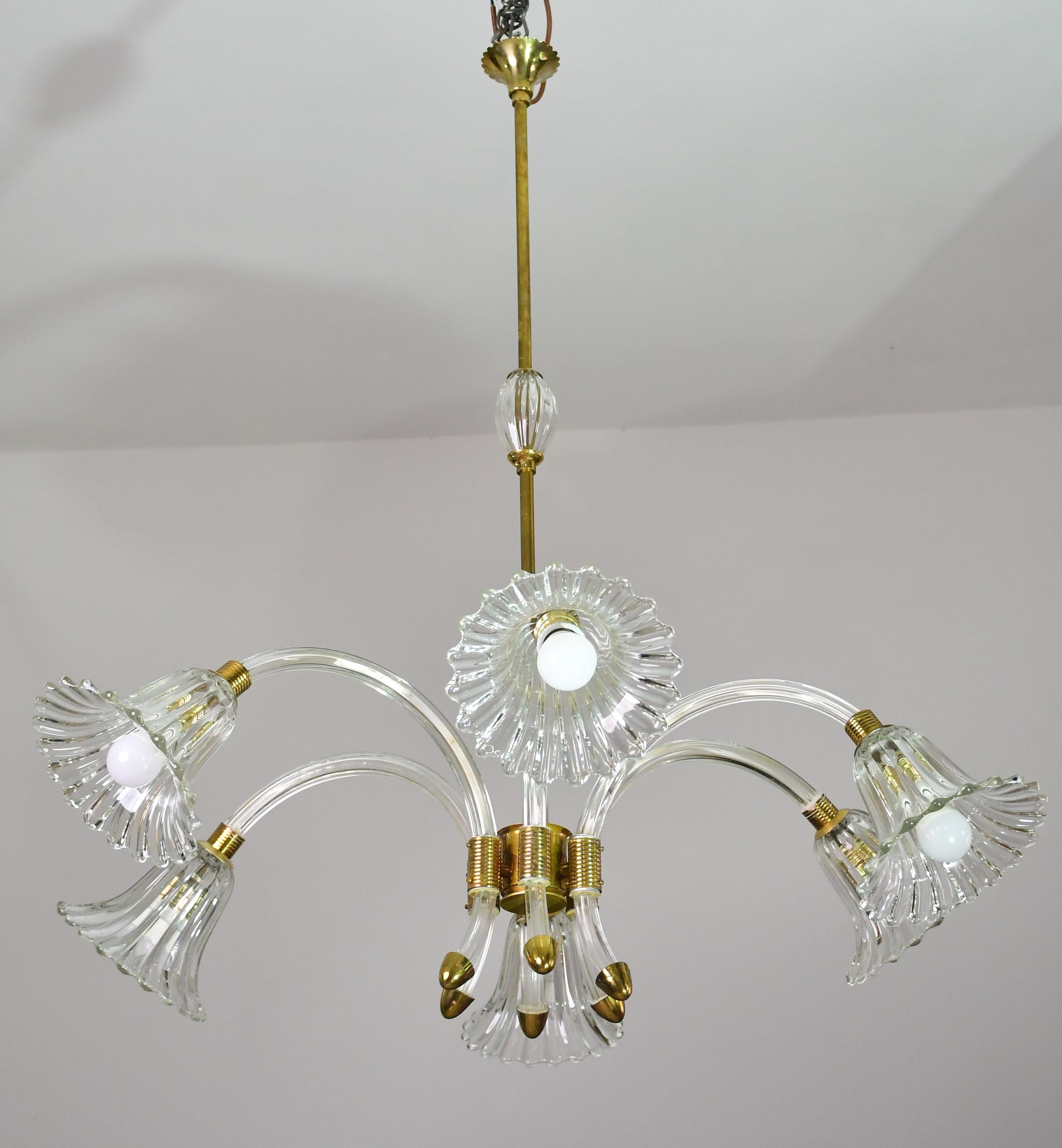 Incredibile lampadario a 6 luci Art Deco in vetro di Murano e ottone cromato di Barovier in vendita 3
