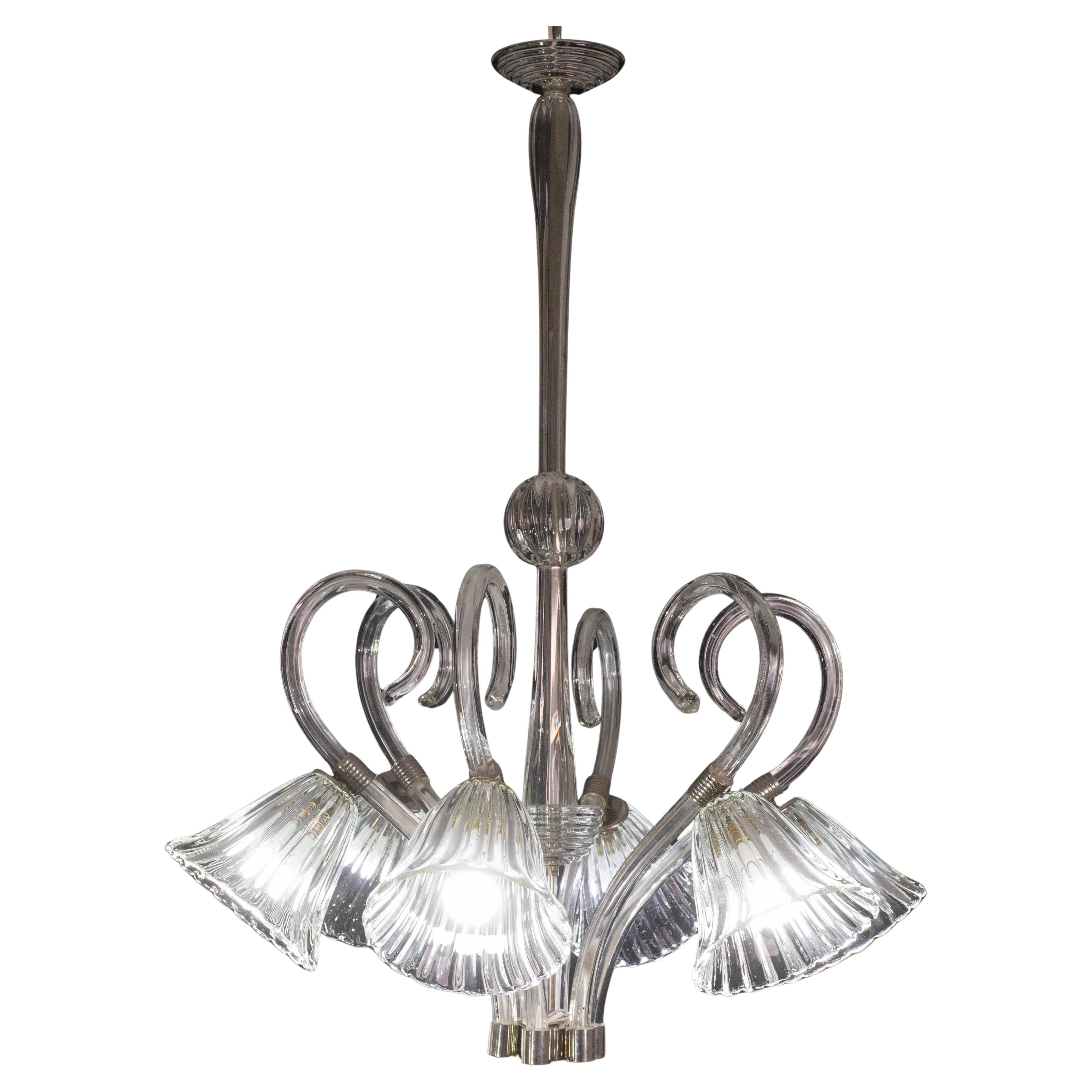 Amazing 6 Light Art Deco Murano Glass and Brass Chrome Chandelier by Barovier