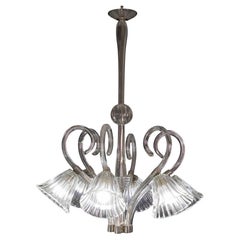 Amazing 6 Light Art Deco Murano Glass and Brass Chrome Chandelier by Barovier