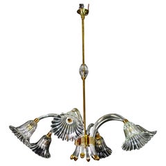 Amazing 6 Light Art Deco Murano Glass and Brass Chrome Chandelier by Barovier