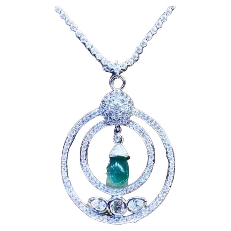 AIG Certified 3.30 Carats Zambian Emerald  3.30 Ct Diamonds 18k Gold Pendant  For Sale