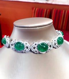 Art Deco Design 18k Gold Choker with 70 Ct Emeralds & Diamonds