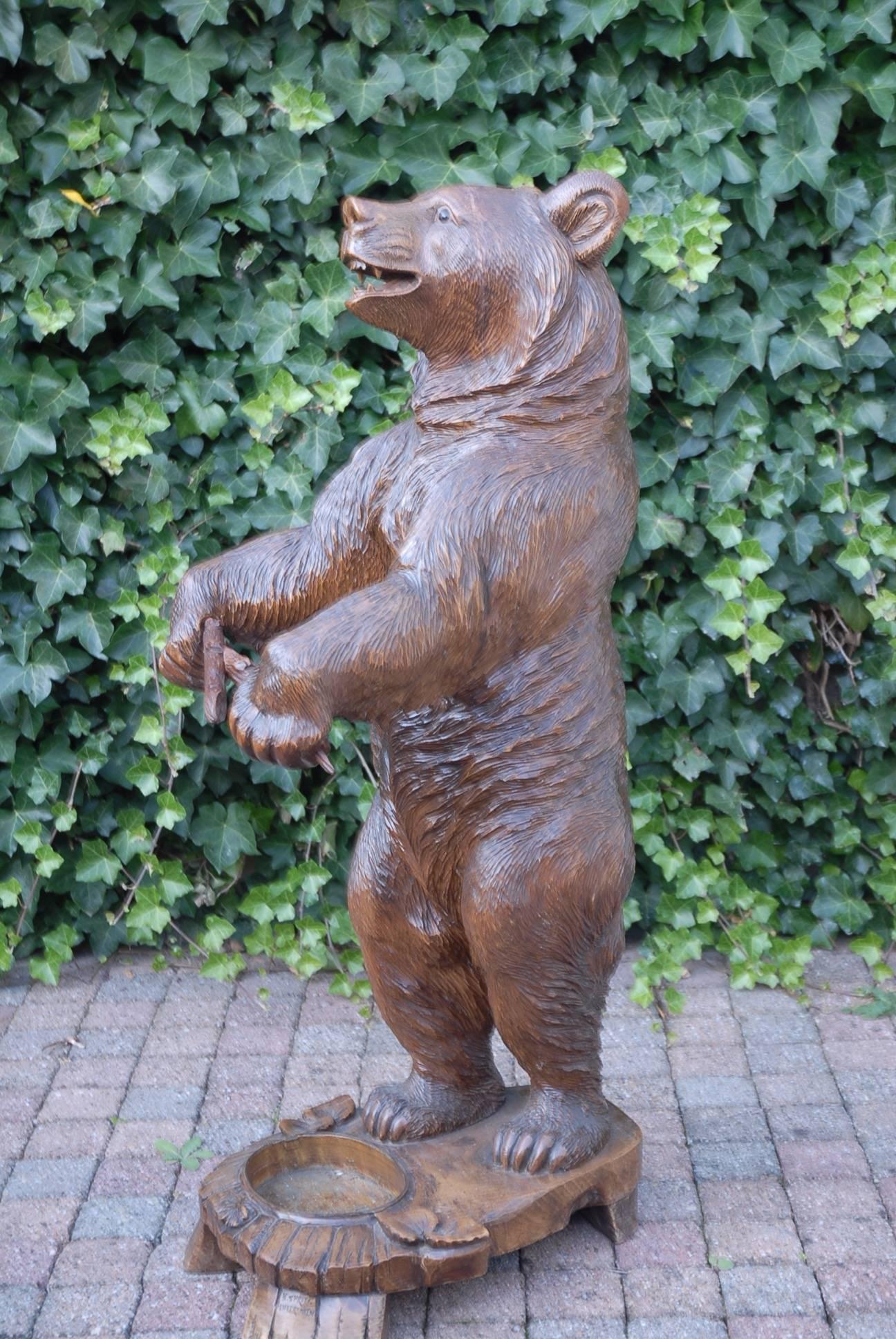 Wood Amazing & All Hand-Carved Swiss Black Forest Standing Bear Umbrella & Cane Stand