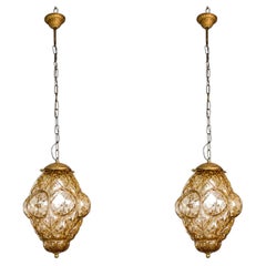 Set of 2 Amazing Amber Vintage Venetian Lantern, Seguso Murano Glass, 1960s
