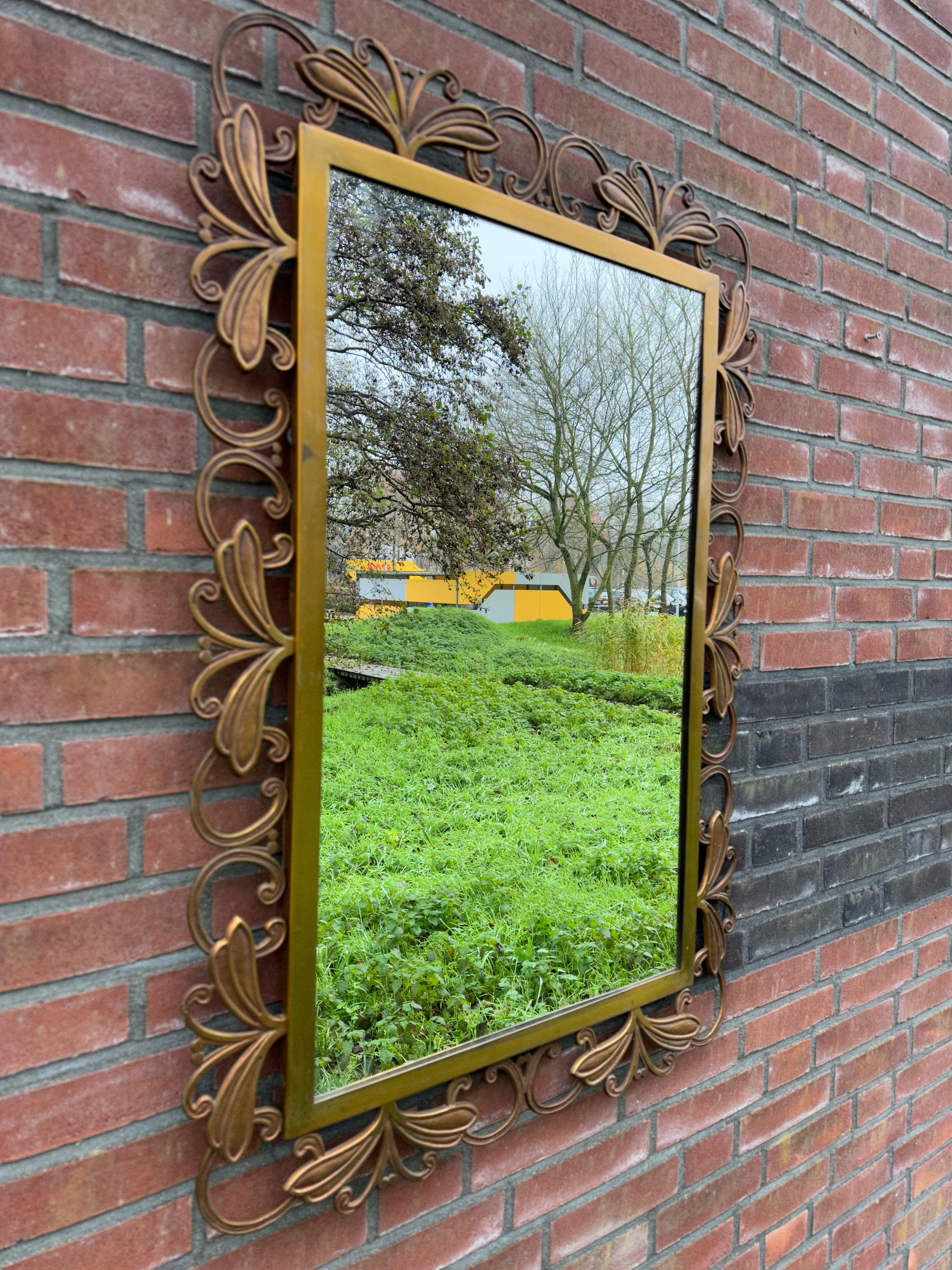 Amazing and Stylish Italian Hand Crafted Bronze Wall Mirror w. Flower Sculptures For Sale 5