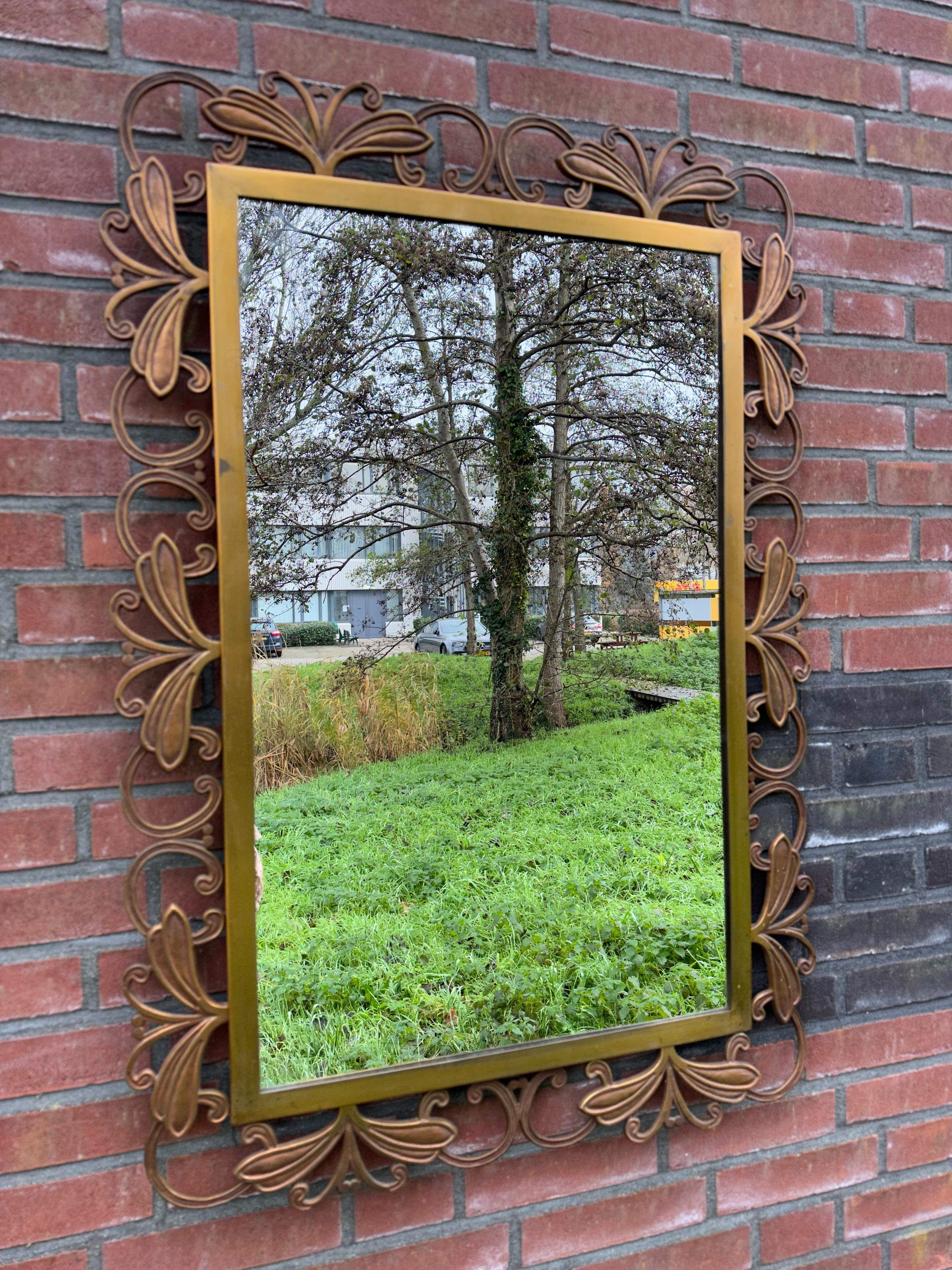 Amazing and Stylish Italian Hand Crafted Bronze Wall Mirror w. Flower Sculptures For Sale 6