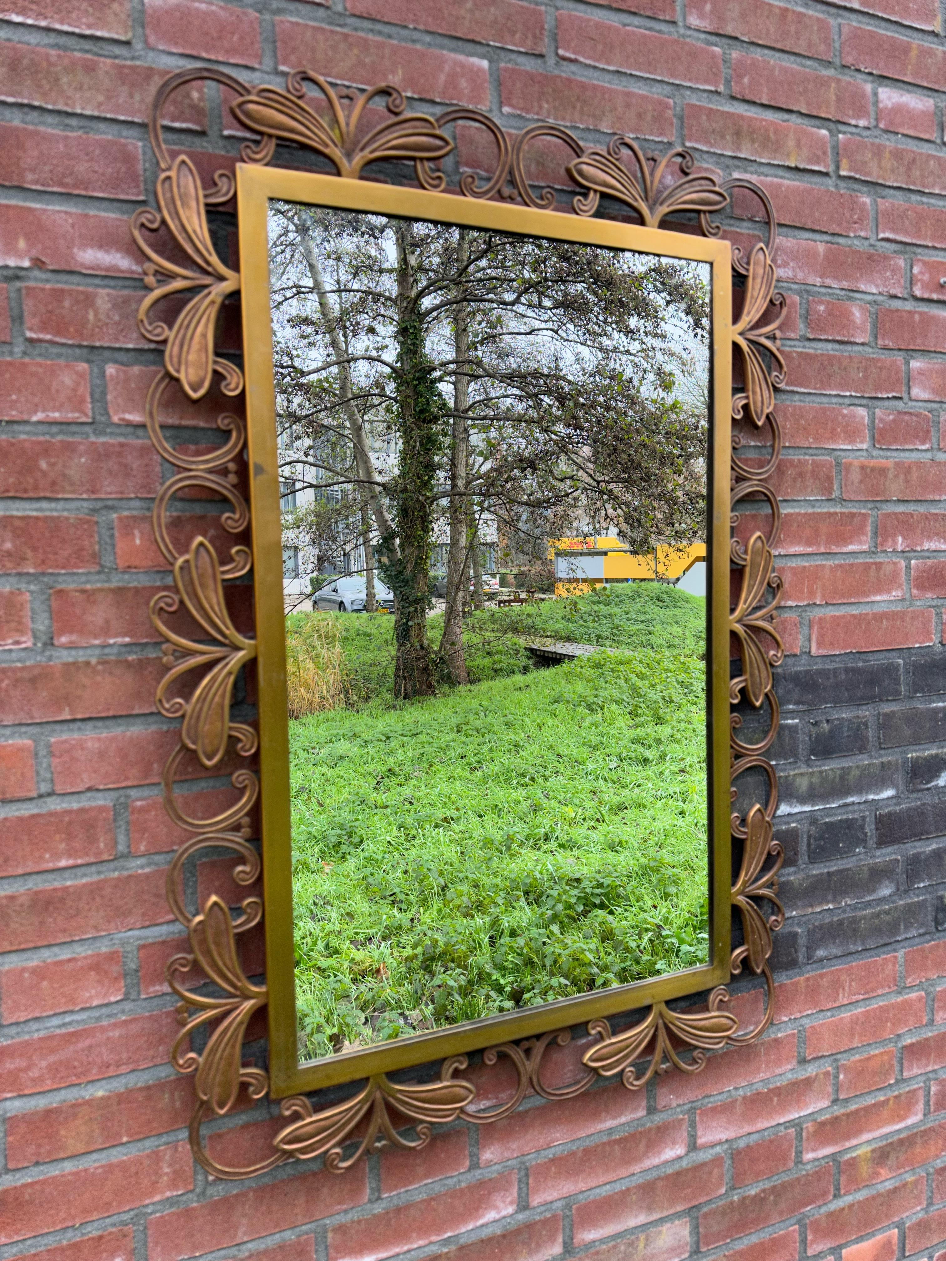 Arts and Crafts Amazing and Stylish Italian Hand Crafted Bronze Wall Mirror w. Flower Sculptures For Sale