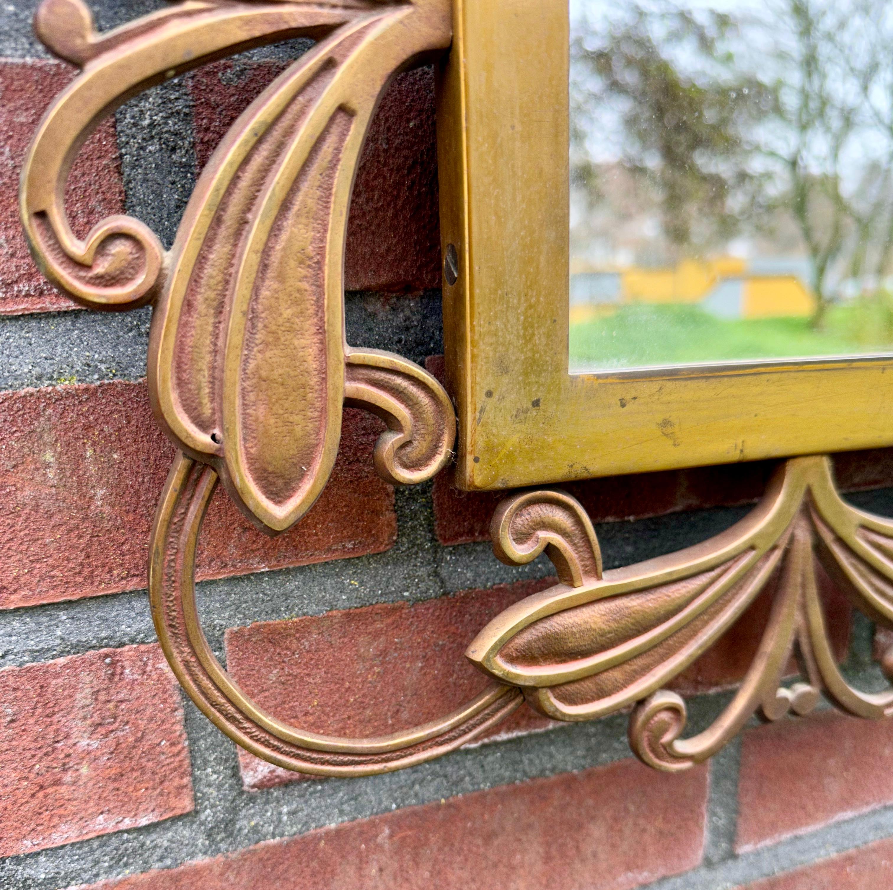 Amazing and Stylish Italian Hand Crafted Bronze Wall Mirror w. Flower Sculptures For Sale 1