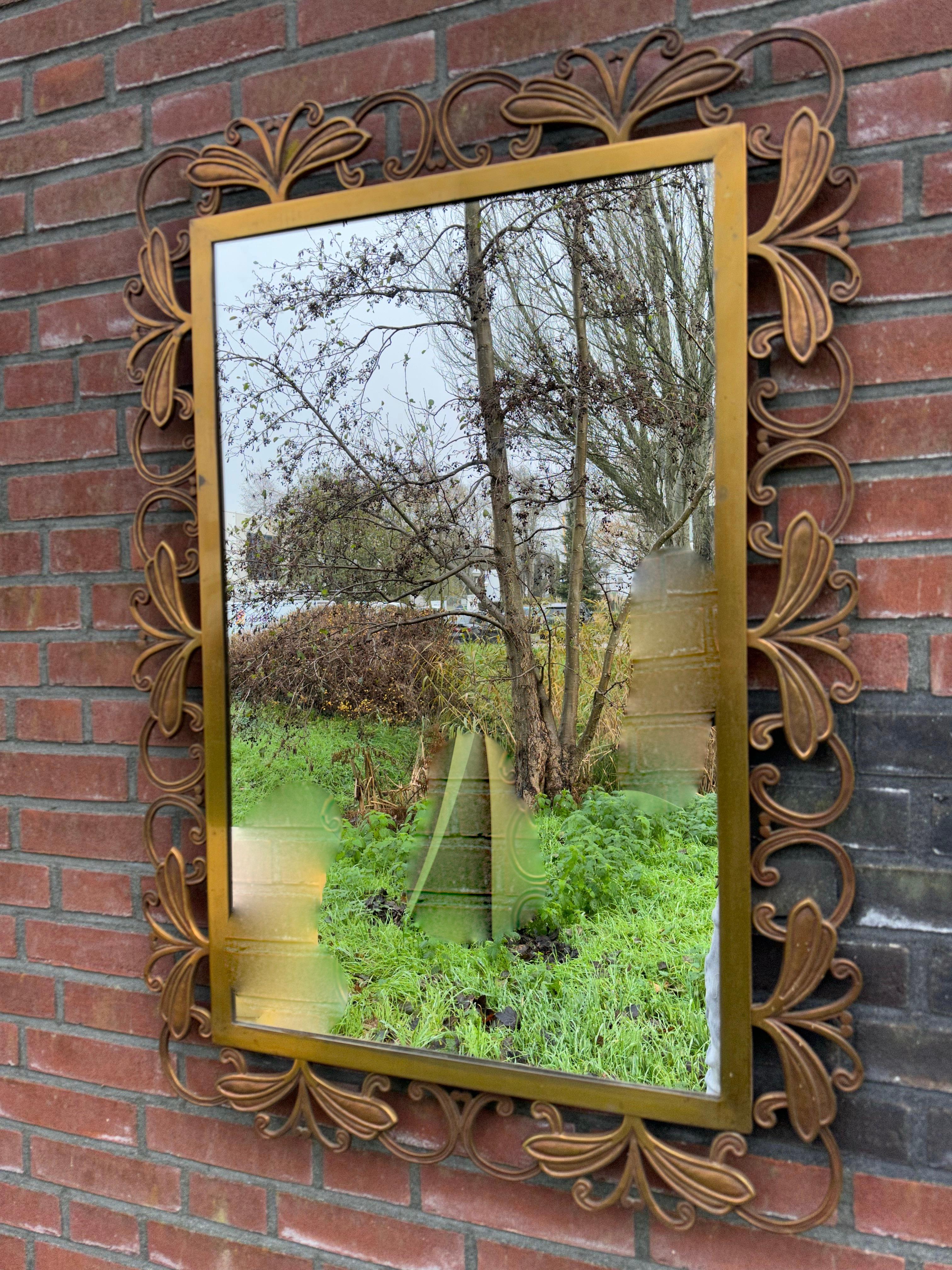 Amazing and Stylish Italian Hand Crafted Bronze Wall Mirror w. Flower Sculptures For Sale 3