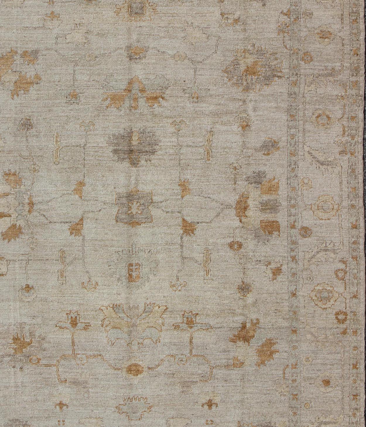 Angora Oushak Turkish Rug With Classic Oushak Design in Neutral Tones and Pop of Colors. Angora Oushak Turkish Rug With Classic Oushak Design in Neutral Tones and Pop of Colors.  Keivan Woven Arts/ rug AN-114747. Origin/ Turkey, Wool reproduction