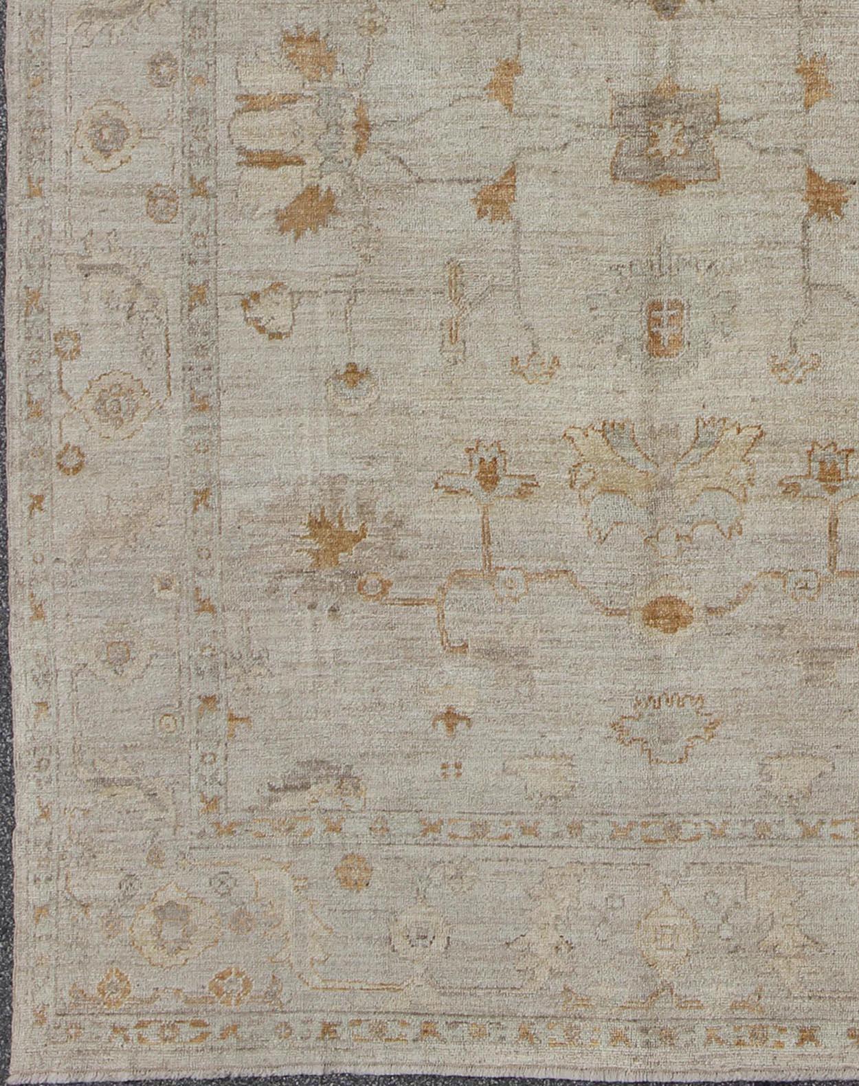 Hand-Knotted Amazing Angora Turkish Classic Oushak Rug with Floral Motifs in Neutral Tones For Sale