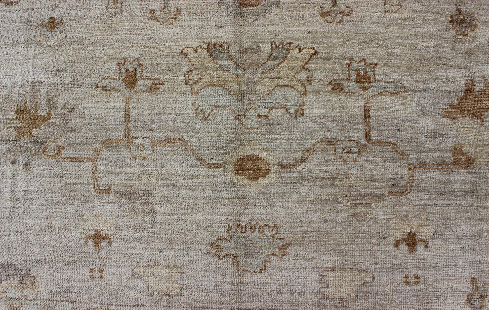Wool Amazing Angora Turkish Classic Oushak Rug with Floral Motifs in Neutral Tones For Sale