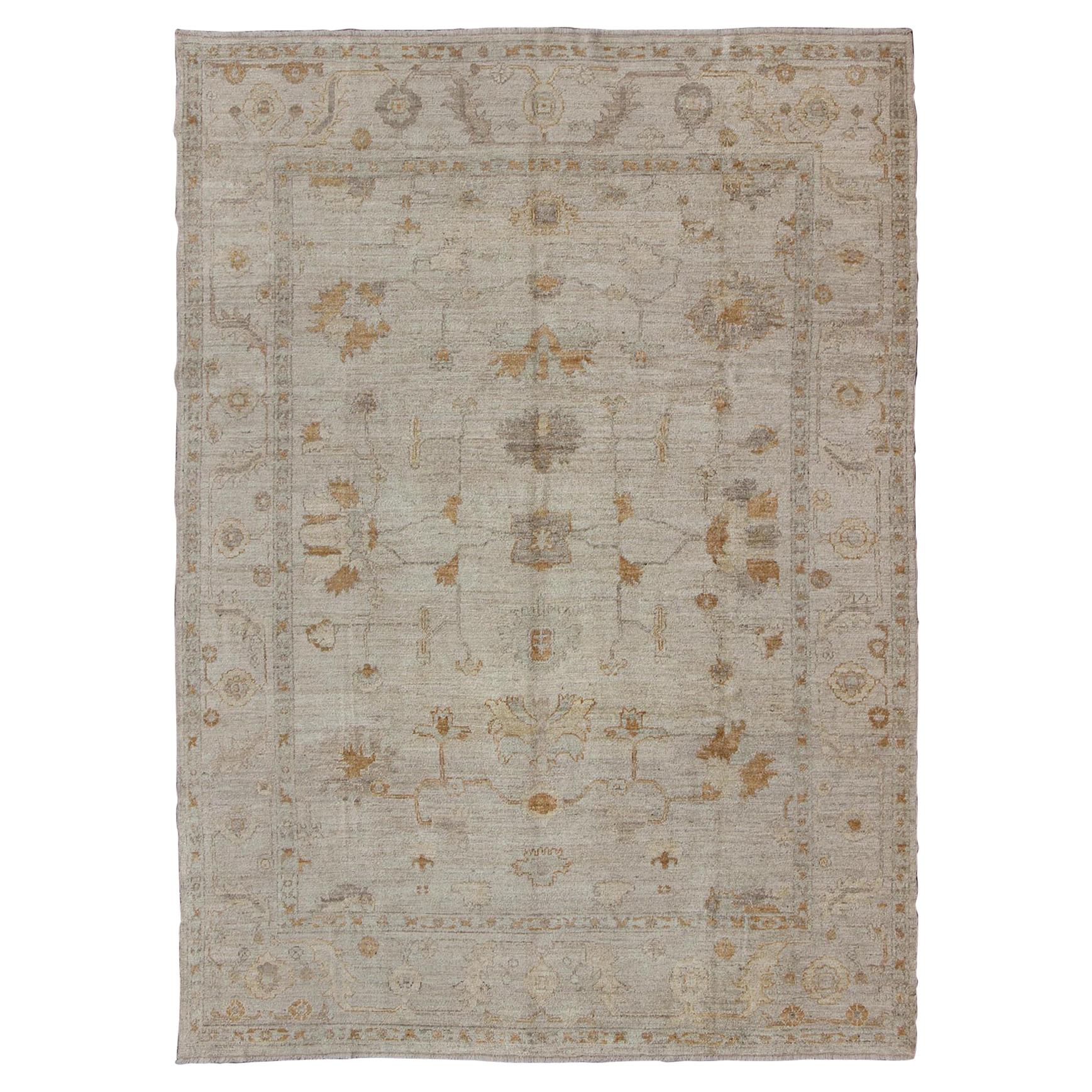 Amazing Angora Turkish Classic Oushak Rug with Floral Motifs in Neutral Tones For Sale