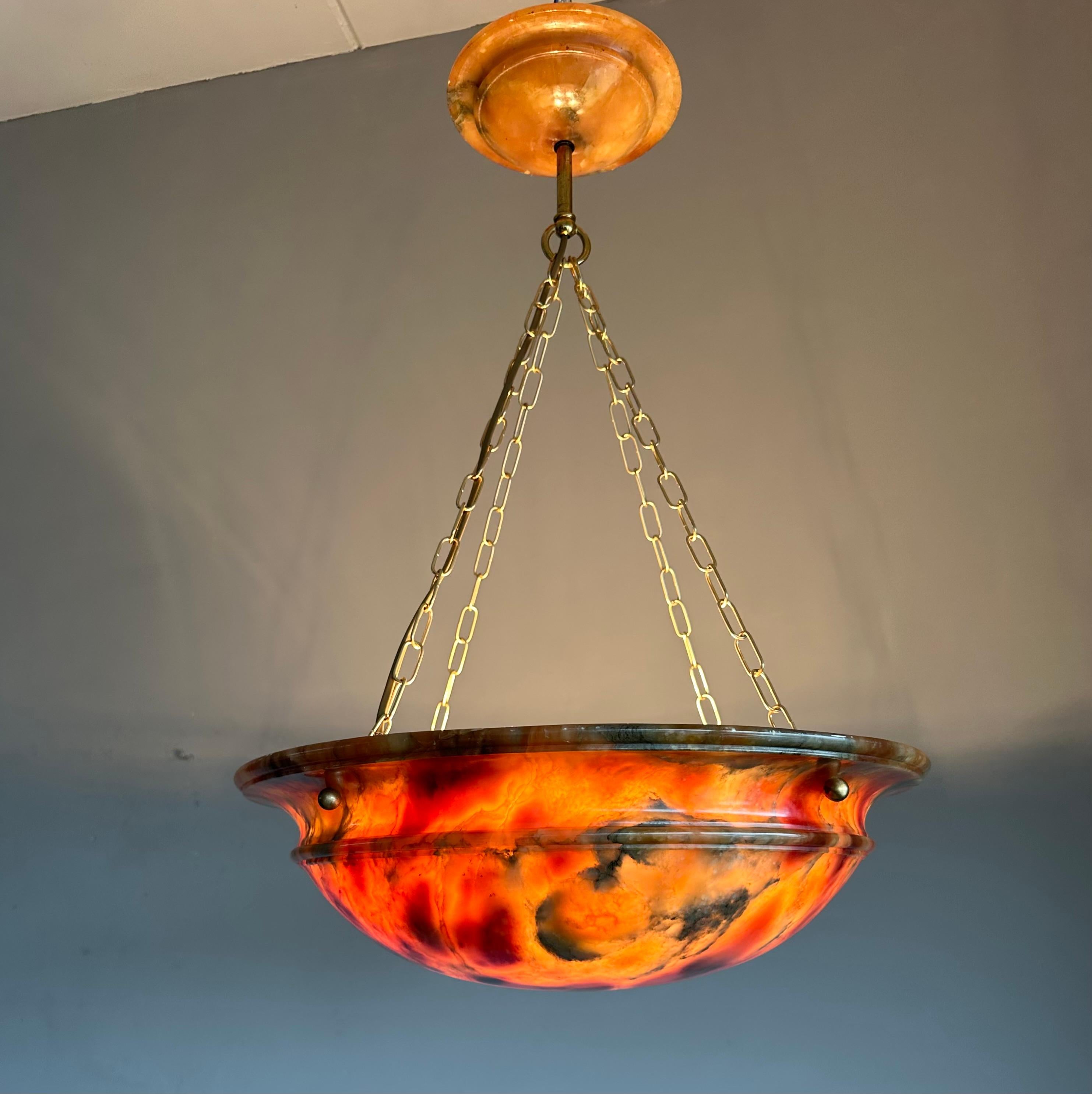 European Timeless Design & Colorful Art Deco Alabaster Pendant Light w. Matching Canopy For Sale