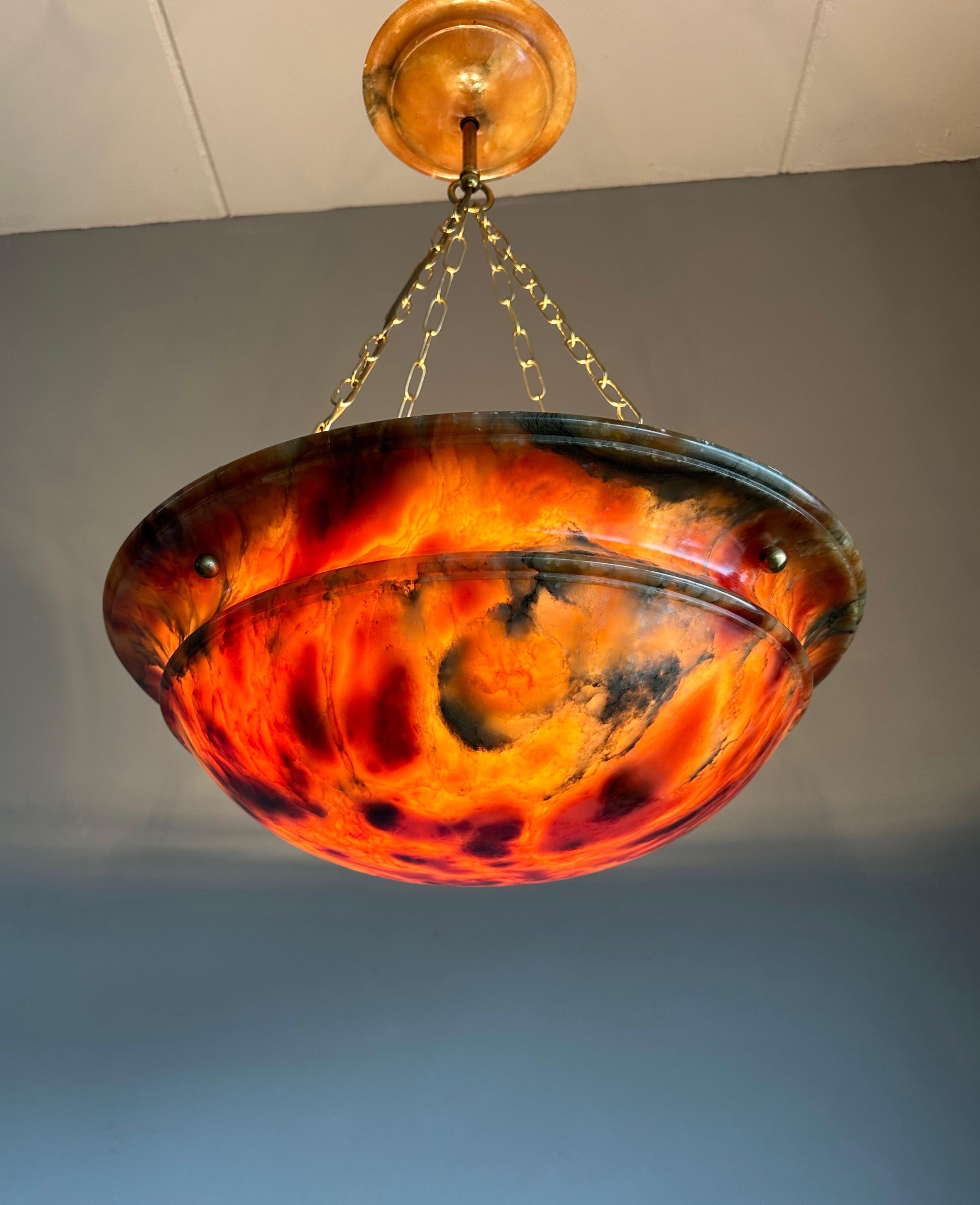 Hand-Carved Timeless Design & Colorful Art Deco Alabaster Pendant Light w. Matching Canopy For Sale