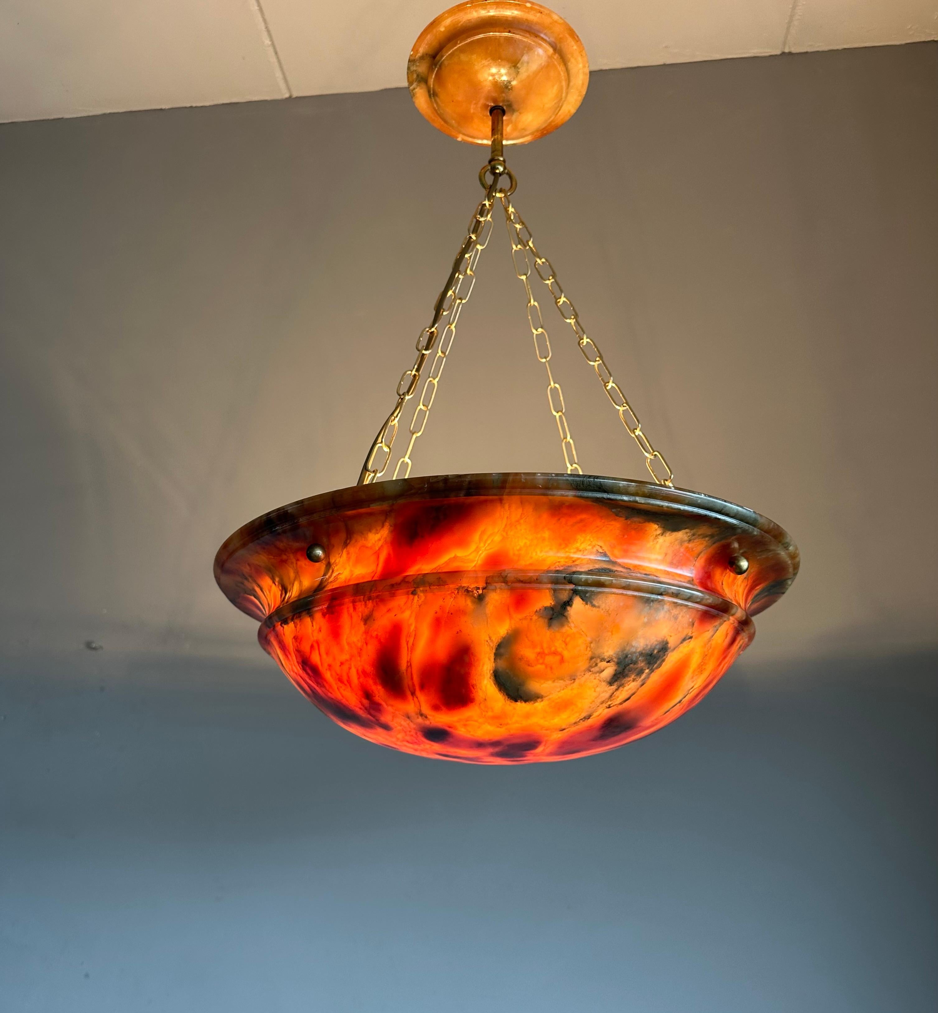 20th Century Timeless Design & Colorful Art Deco Alabaster Pendant Light w. Matching Canopy For Sale