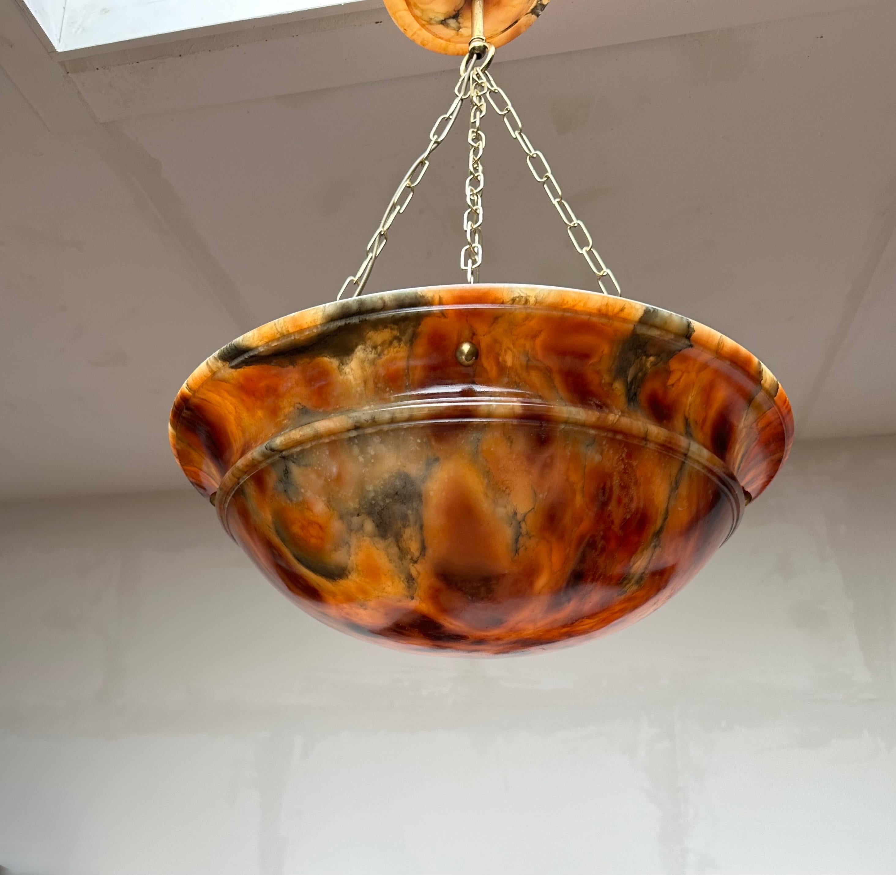 Brass Timeless Shape & Colorful Art Deco Alabaster Pendant Light w. Matching Canopy For Sale
