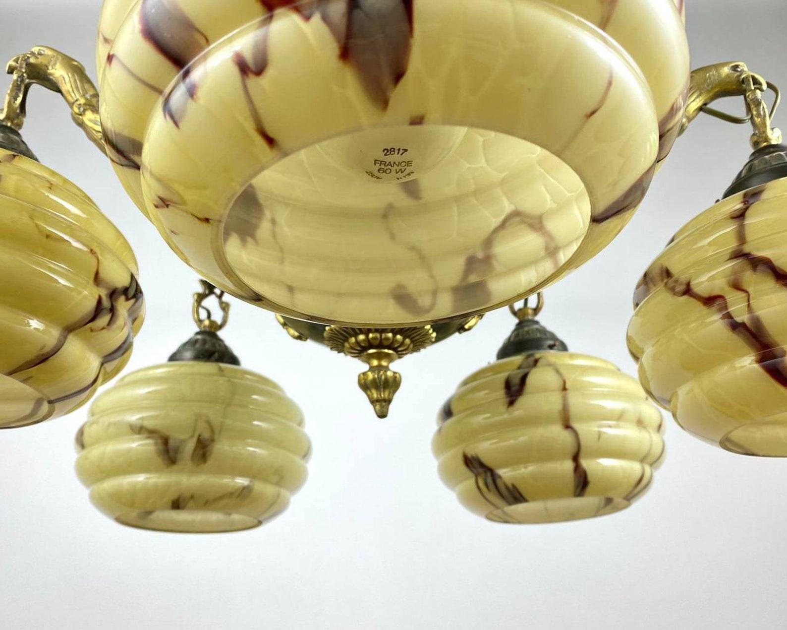 Amazing Antique Chandelier  5 Glass Plafond Ceiling Lighting In Good Condition For Sale In Bastogne, BE