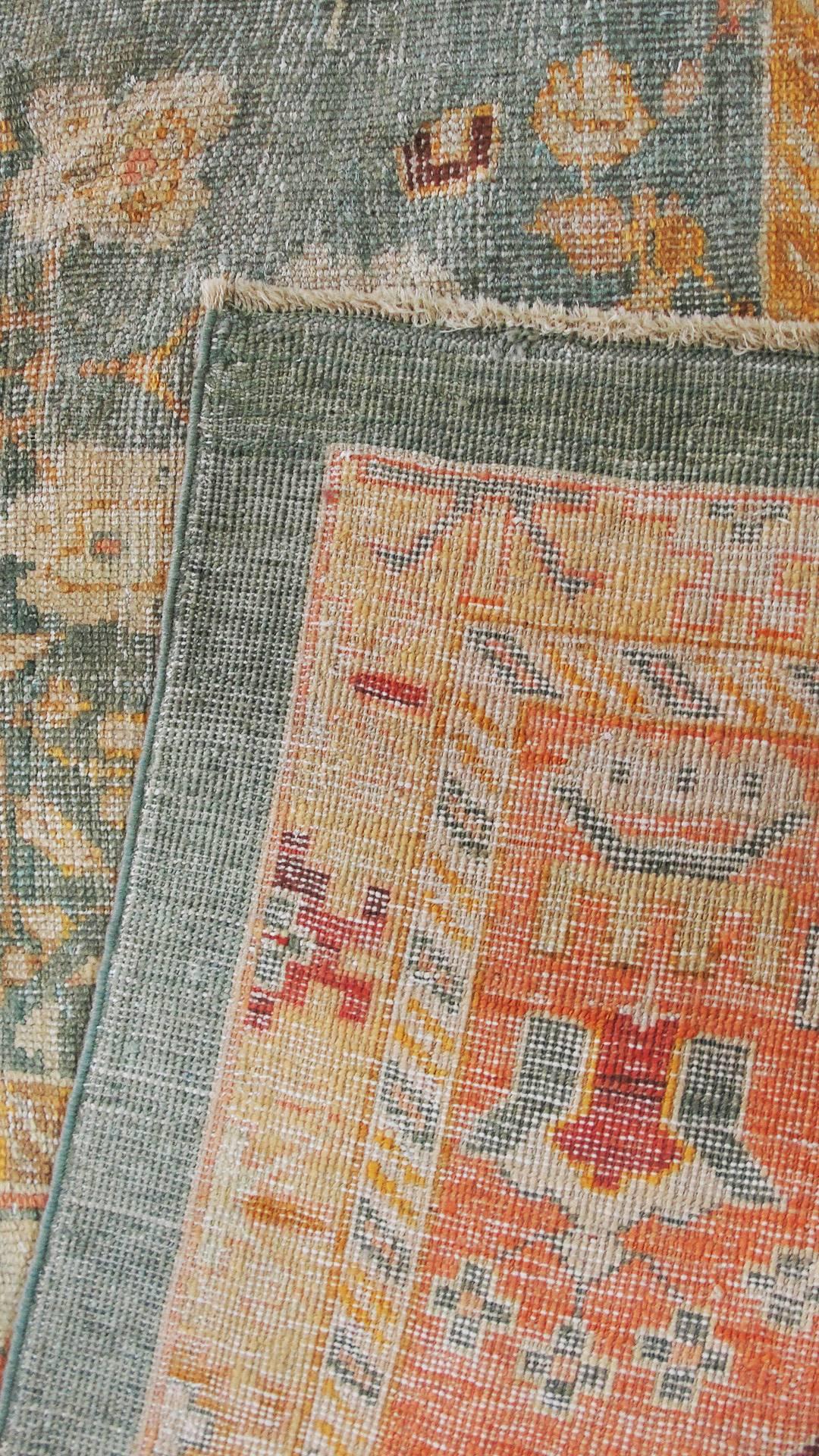 Pleasant and amazing antique Oushak carpet with unique colors and excellent size with great fine weave.
 Ushak rugs have been in production since the 15th century with superb wool and natural dyes. Unlike other Turkish rugs, Ushak rugs influenced