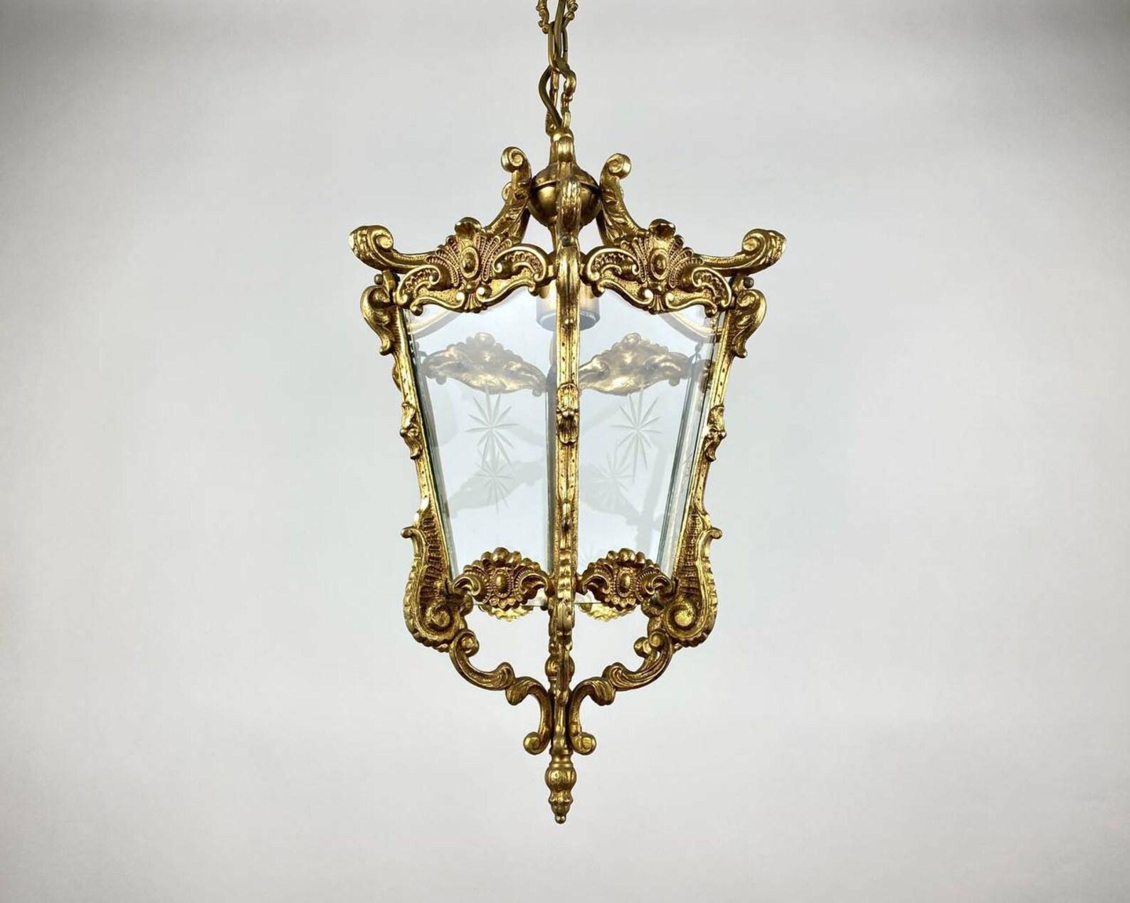 French Amazing Antique Pendant Lantern, France, 1920's Bronze & Glass Lantern