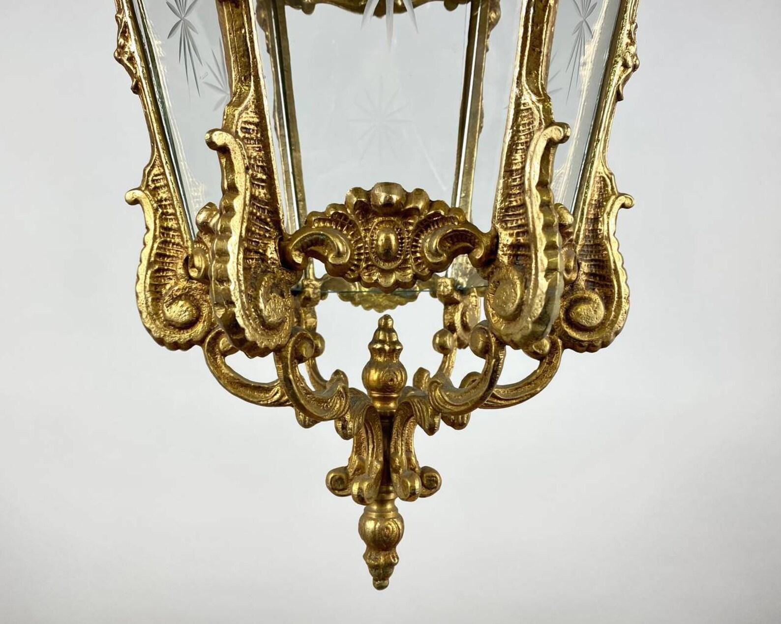 Amazing Antique Pendant Lantern, France, 1920's Bronze & Glass Lantern In Good Condition In Bastogne, BE
