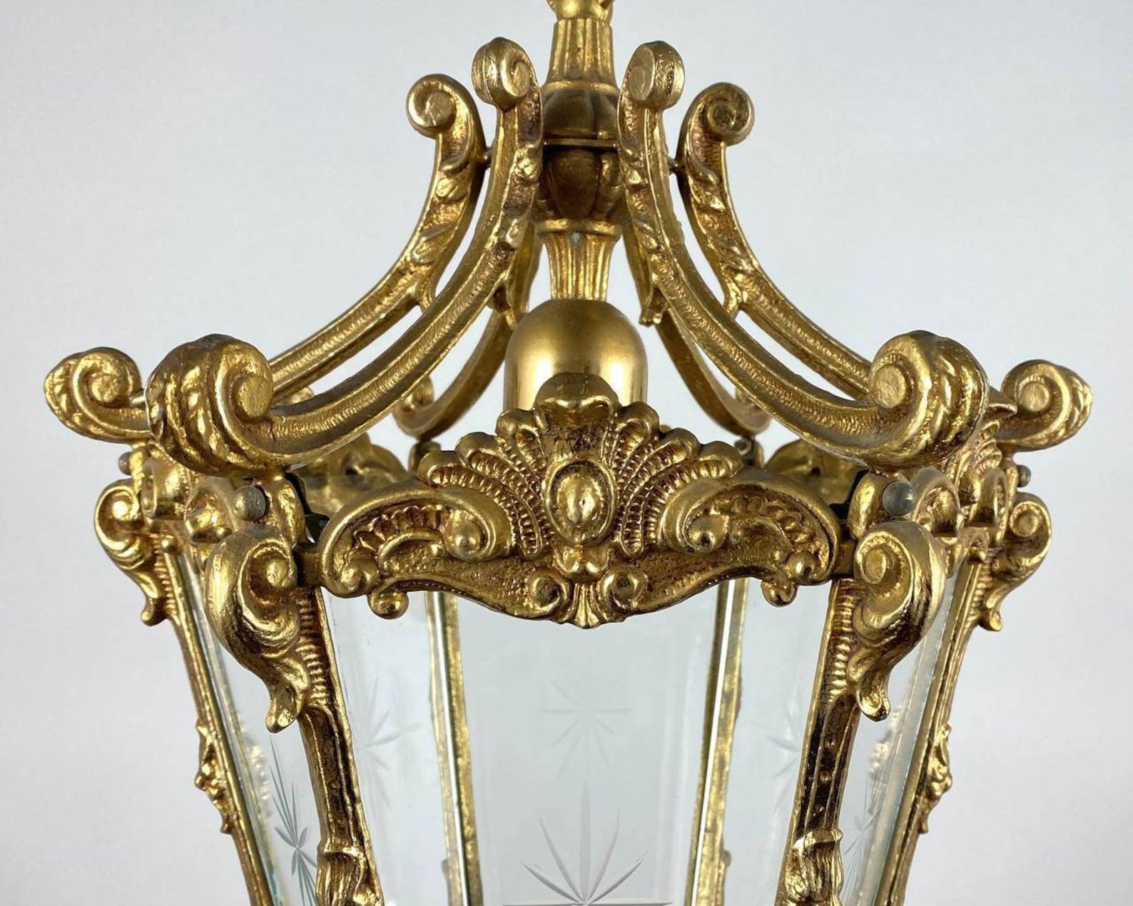 Early 20th Century Amazing Antique Pendant Lantern, France, 1920's Bronze & Glass Lantern