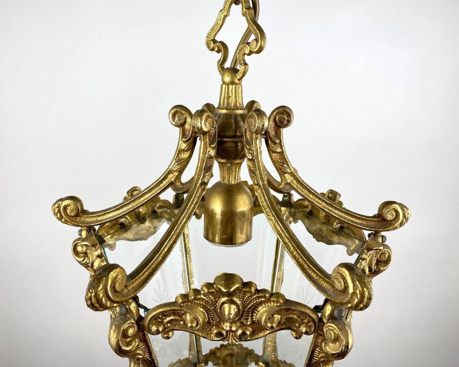 Amazing Antique Pendant Lantern, France, 1920's Bronze & Glass Lantern 2