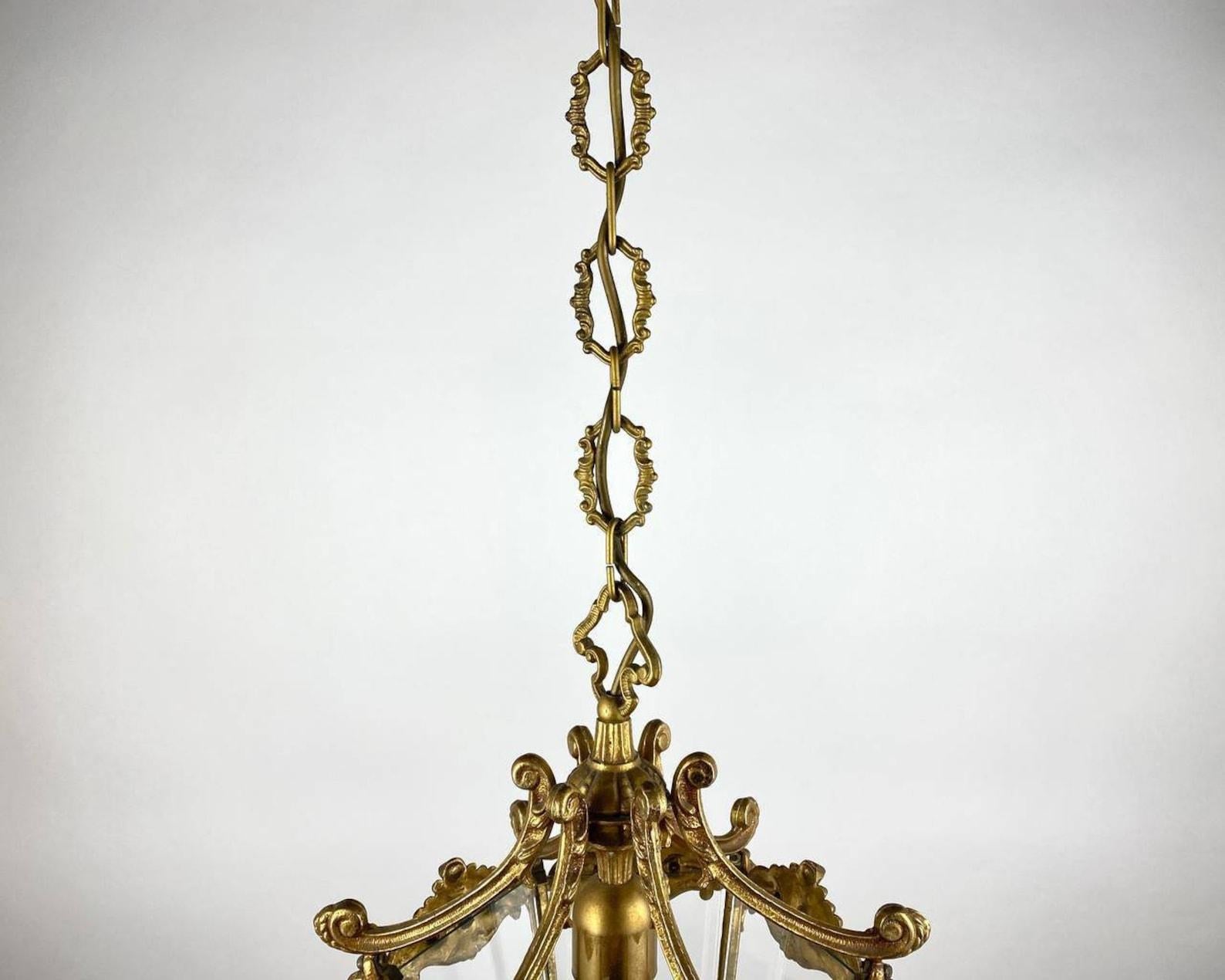 Amazing Antique Pendant Lantern, France, 1920's Bronze & Glass Lantern 3