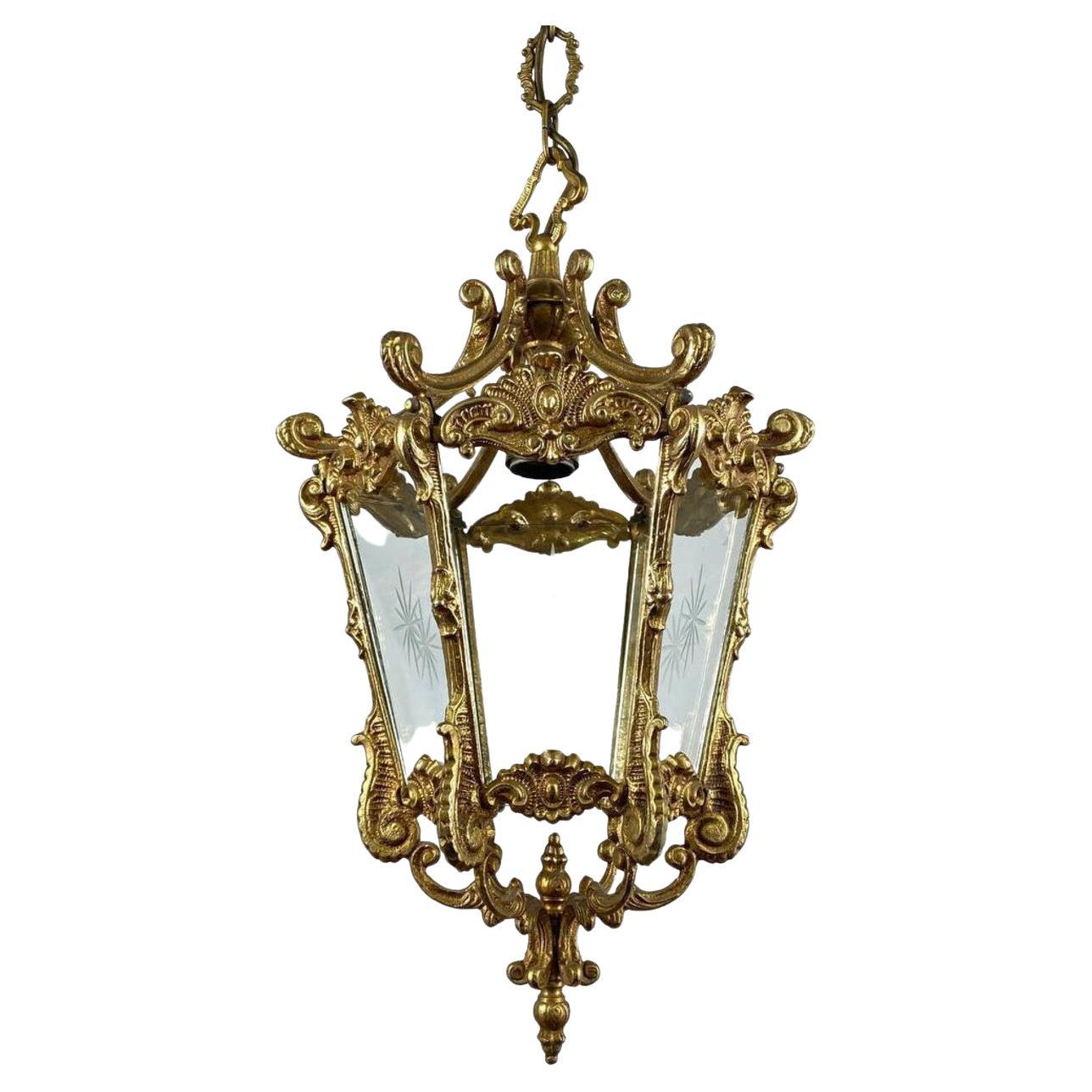 Amazing Antique Pendant Lantern, France, 1920's Bronze & Glass Lantern