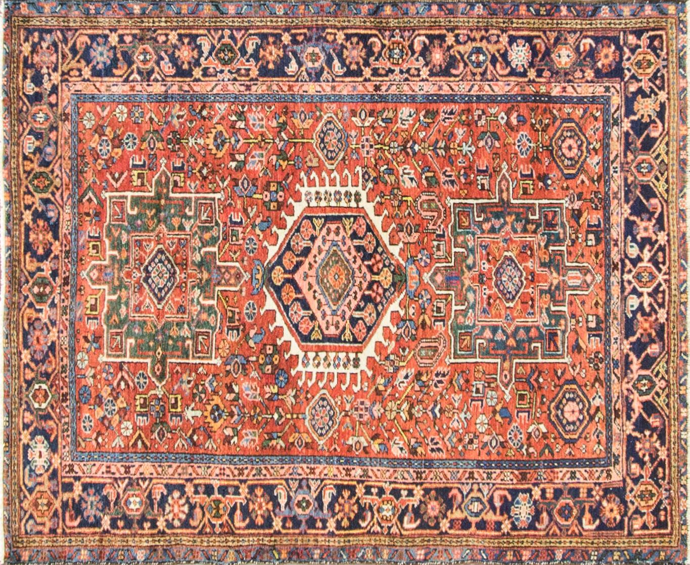 The dominating color in the older rugs is a dark shade of red. The secondary color is usually a variety of red tones tending towards orange. Green is almost always used as an accent. In keeping with the color tends in western countries, the newer