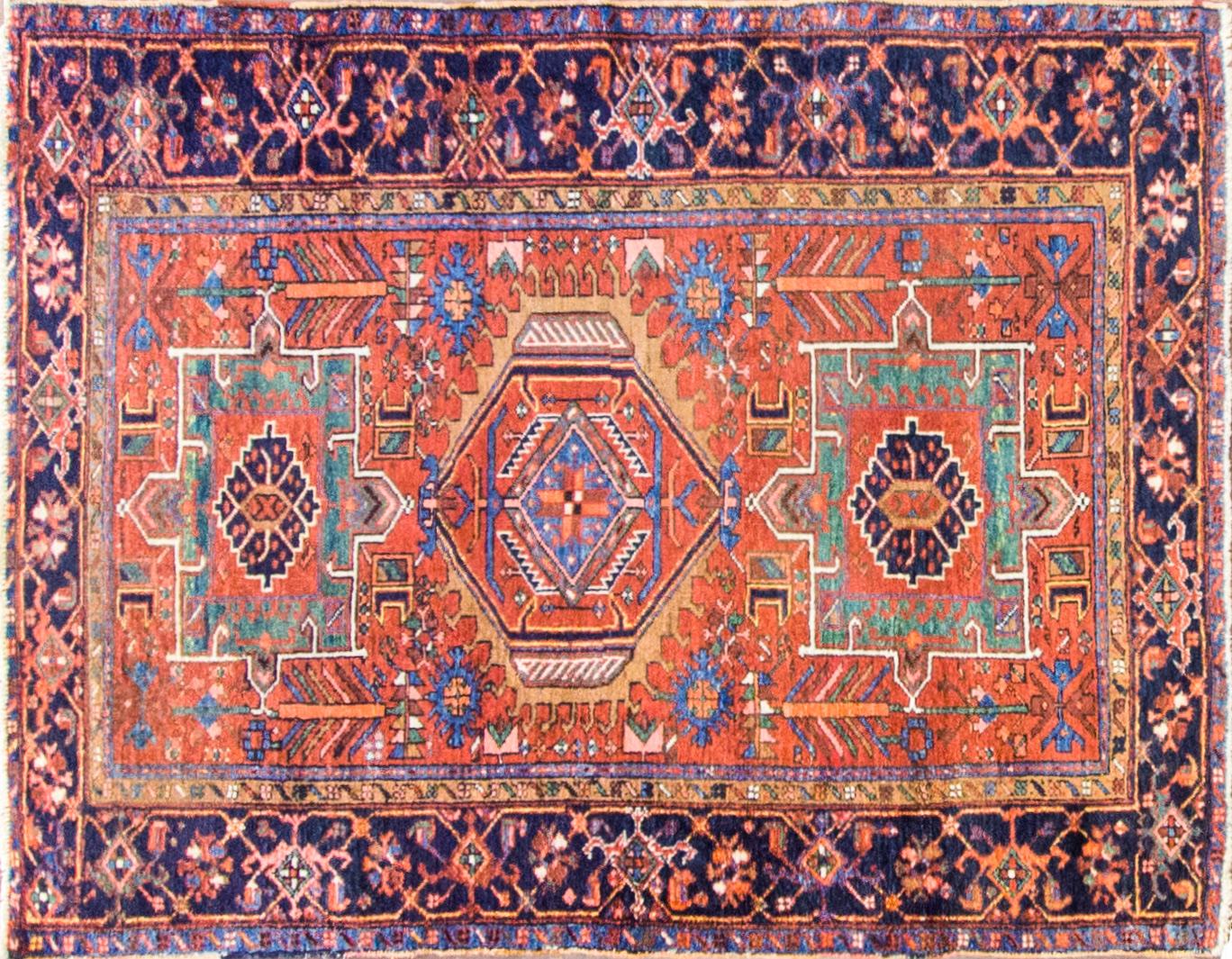 The dominating color in the older rugs is a dark shade of red. The secondary color is usually a variety of red tones tending towards orange. Green is almost always used as an accent. In keeping with the color tends in western countries, the newer