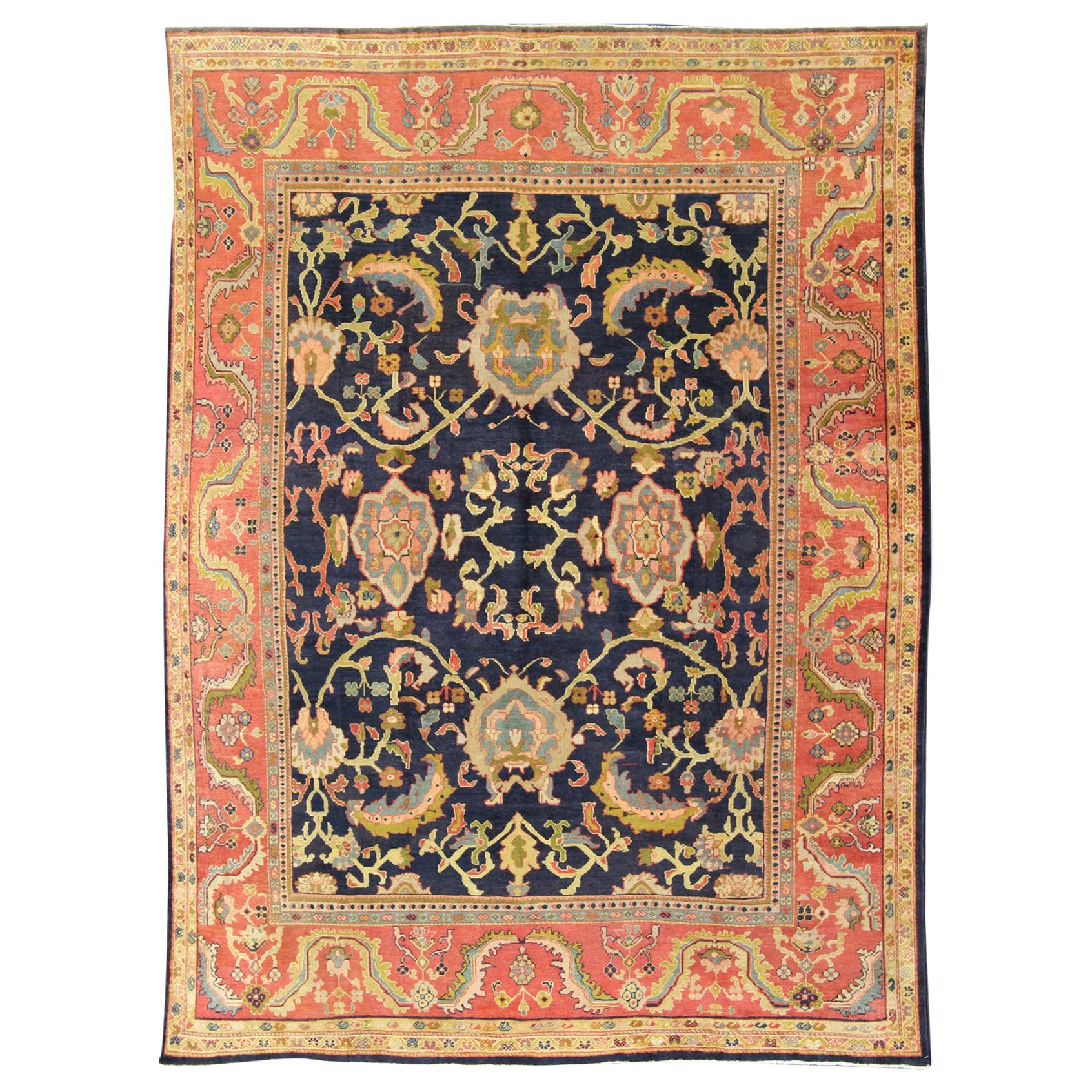 Antique Persian Sultanabad Carpet in Navy Blue Background and Rose Red Border