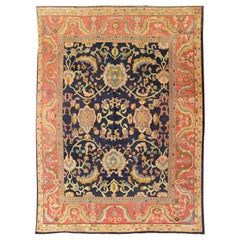  Antique Persian Sultanabad Carpet in Navy Blue Background and Rose Red Border 