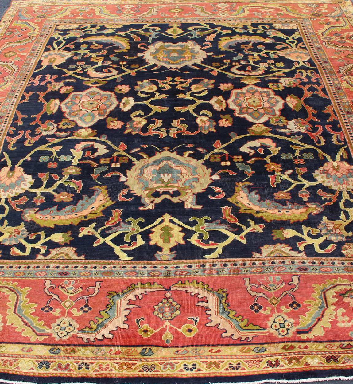  Antique Persian Sultanabad Carpet in Navy Blue Background and Rose Red Border  For Sale 5