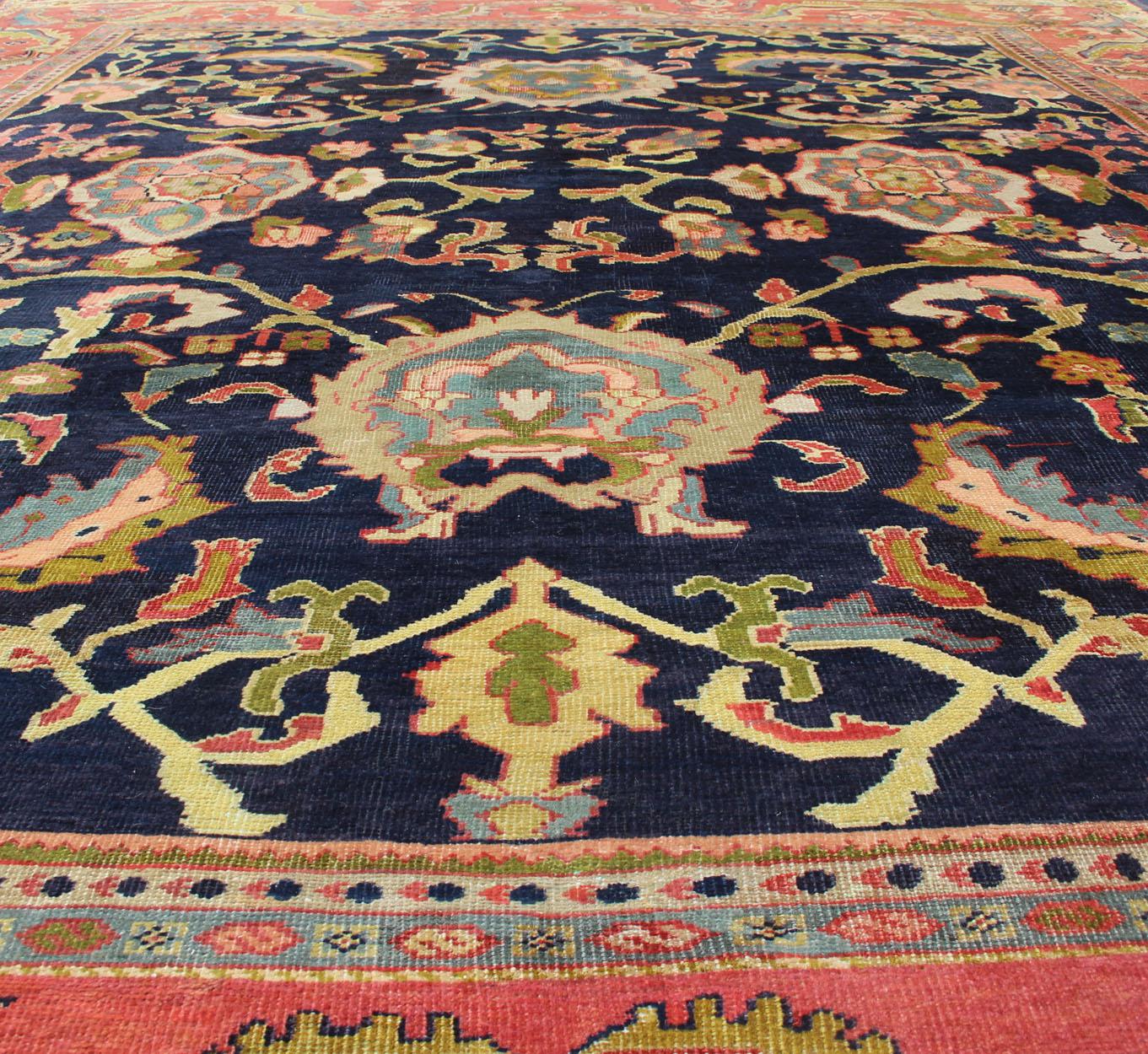  Antique Persian Sultanabad Carpet in Navy Blue Background and Rose Red Border  For Sale 6