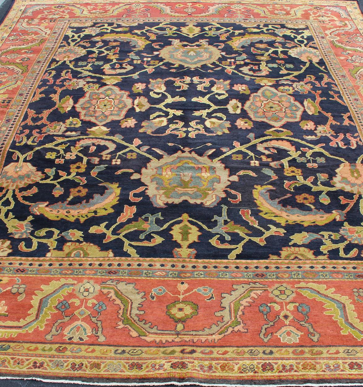  Antique Persian Sultanabad Carpet in Navy Blue Background and Rose Red Border  For Sale 7