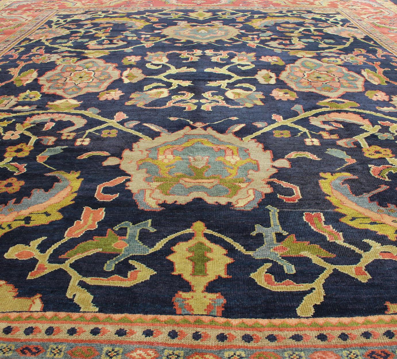  Antique Persian Sultanabad Carpet in Navy Blue Background and Rose Red Border  For Sale 8