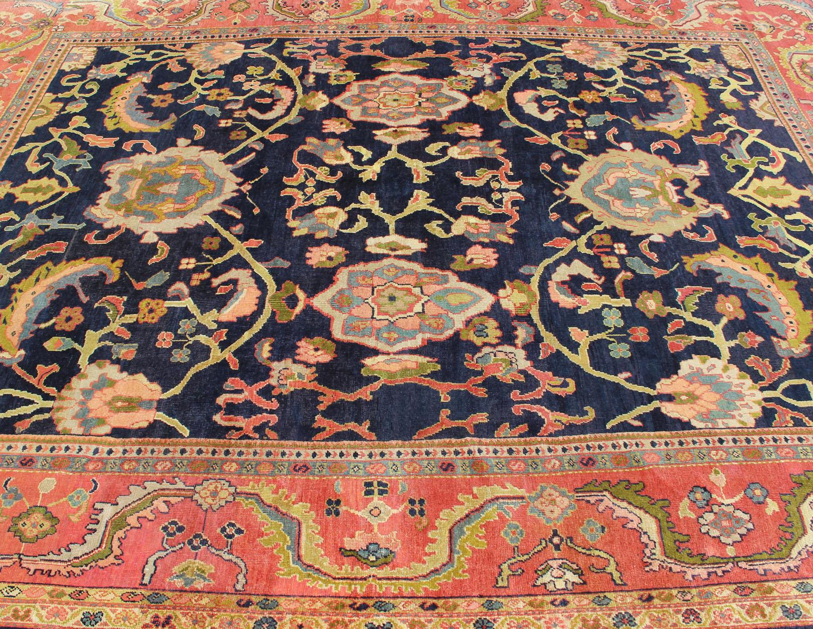  Antique Persian Sultanabad Carpet in Navy Blue Background and Rose Red Border  For Sale 9